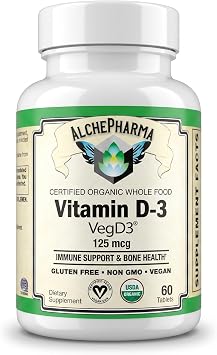 Vitamin D3 5,000 IU 125 mcg Certified Organic Cholecalciferol from Algae - Vegan, Kosher, Halal - 60 Tablets