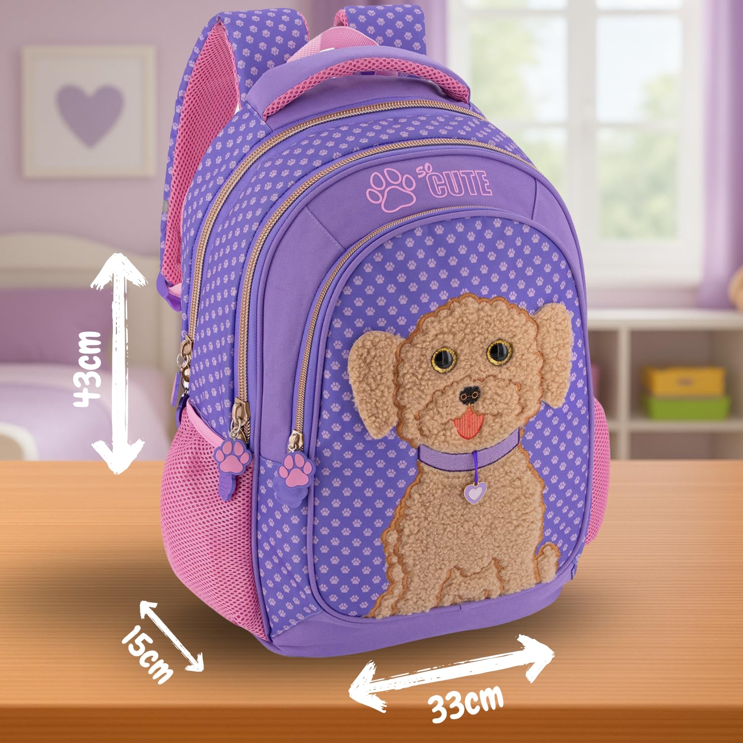 Julian Ross Zaino Scuola Elementare Bambina 43x33x15 cm Barboncino Toy – Multitasche, Schienale Ergonomico, Spallacci Imbottiti, Tasche Porta Borraccia, Grande Capacità e Design Cucciolo