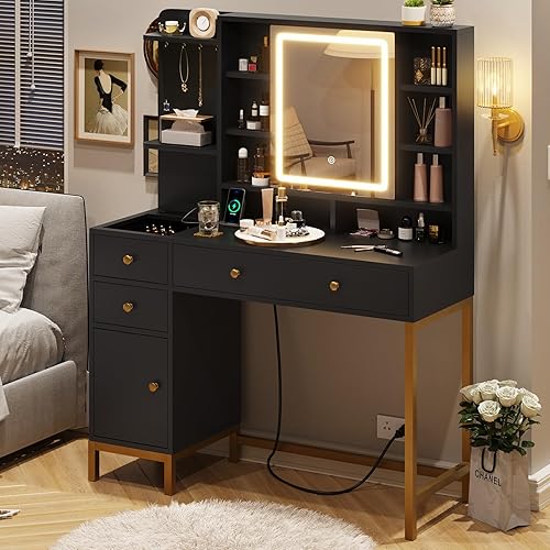 VIAGDO Vanity Desk with Openable Lighted Mirror & Power Outlet, Makeup Vanity Table with 3 Drawers and 4 Storage Shelves, Black Vanity with Hooks, Hidden Space, Bedroom