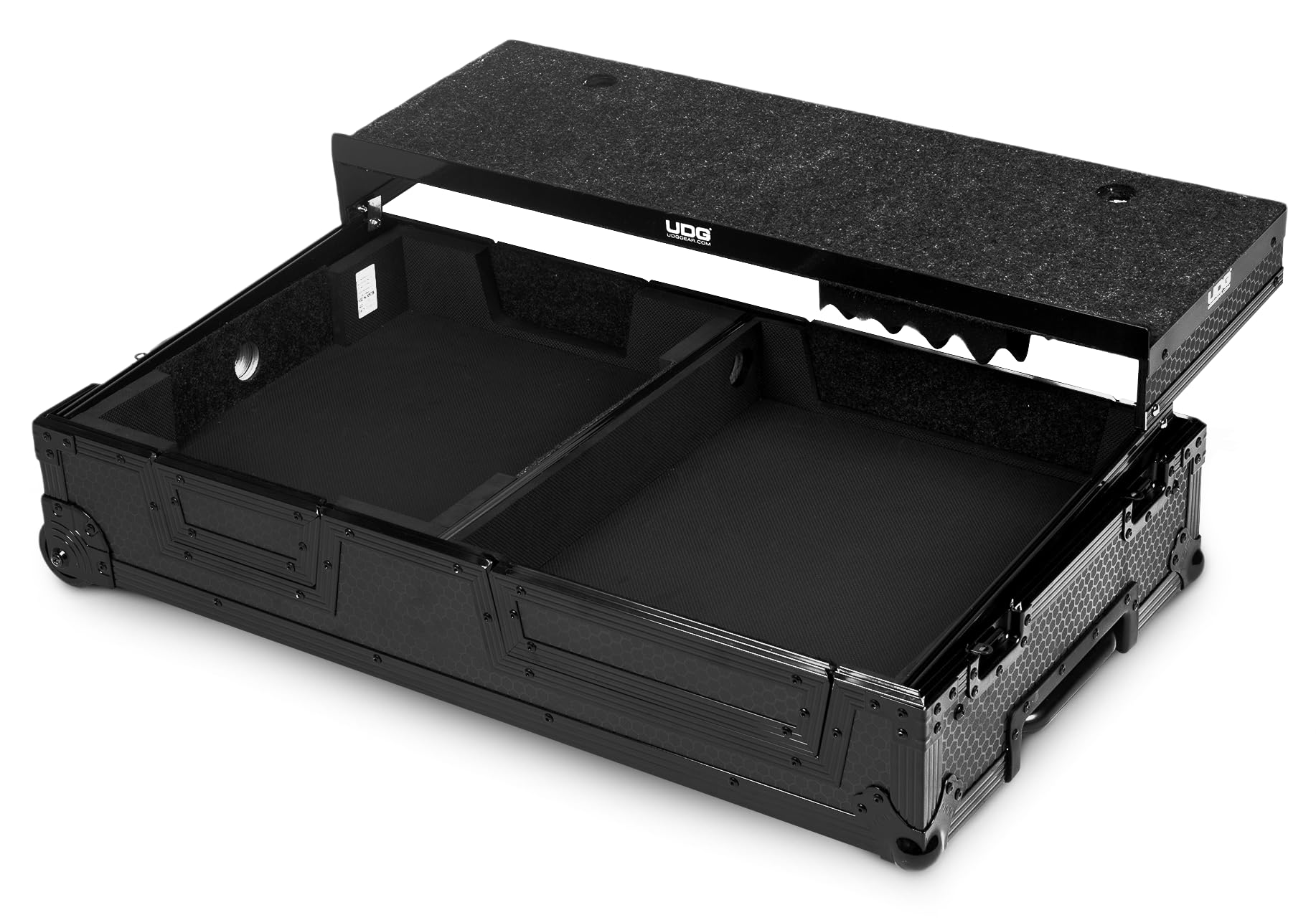 UDG Ultimate Flightcase für Turntable Battle/PLX-CRSS12 und Mixer, Schwarz | 9-mm-Sperrholzschale; Schmetterlingsverriegelungen; integriertes Laptopfach; Trolley- und Radsystem; Schauminnere