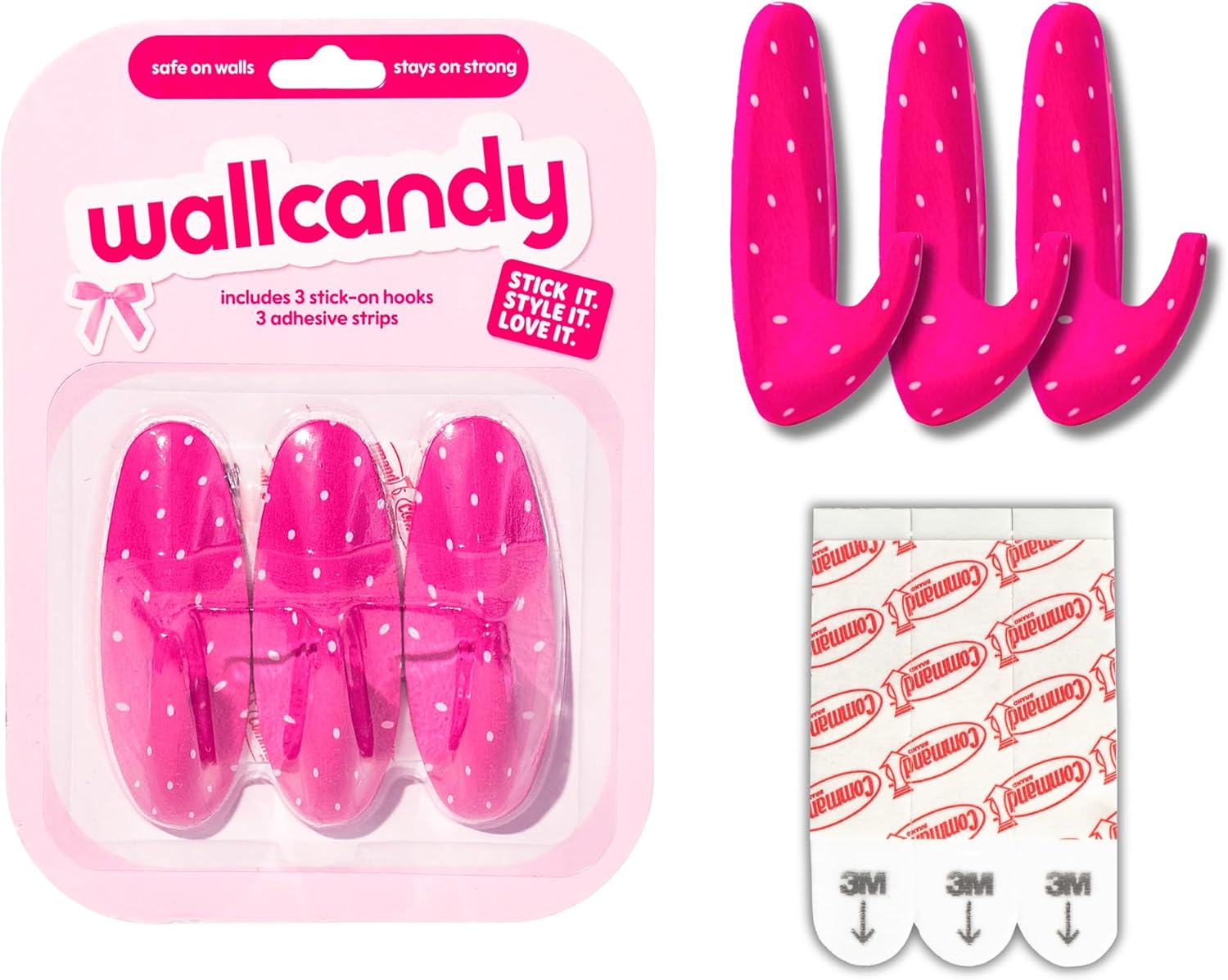 Adhesive Wall Hanging Hooks | Pack of 3 Pink Polka Dot Wall Hooks with Heavy Duty Sticky Strips that Hold Up to 3lbs, Easy to Install Hanging Hook for Painted Walls & Kitchen