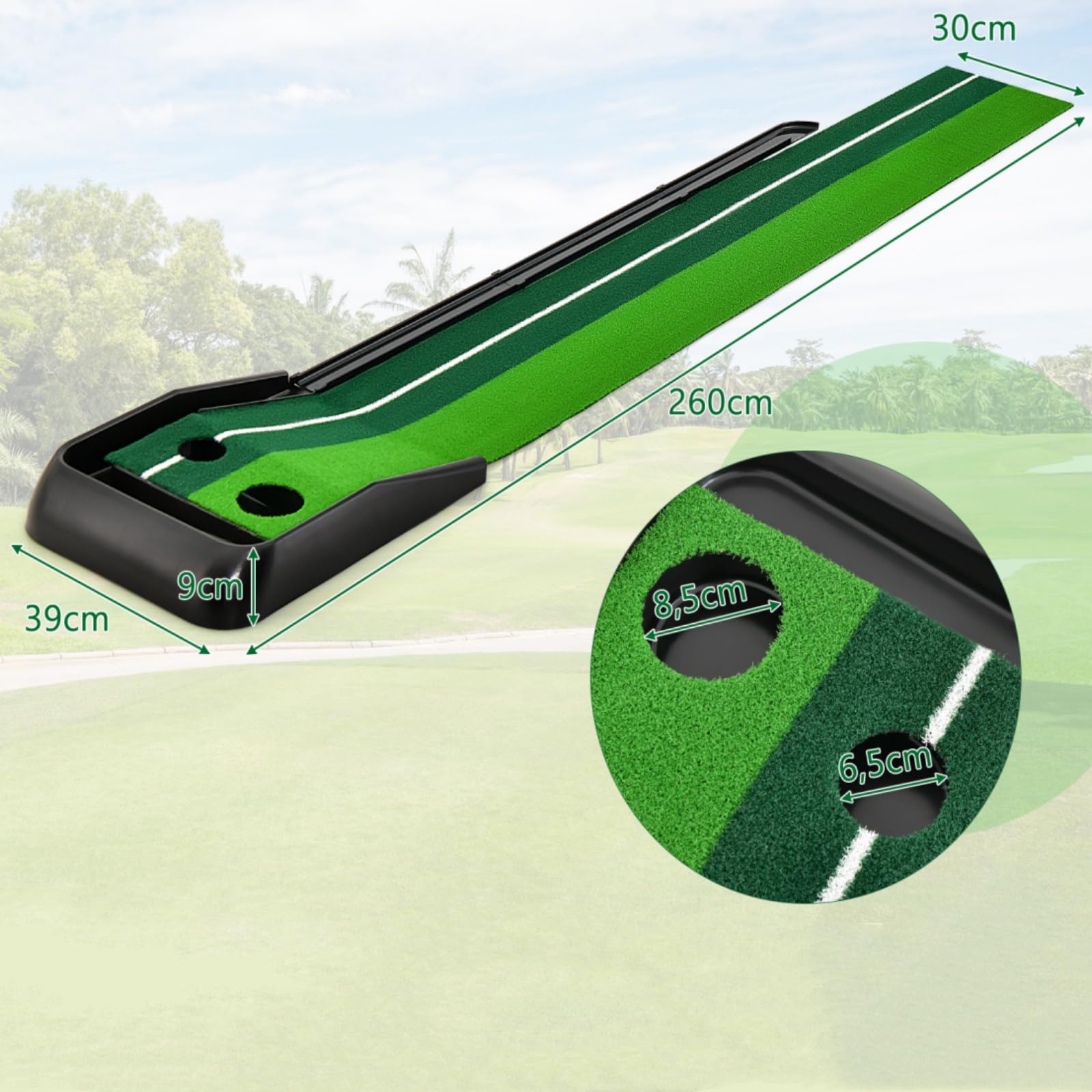 LIFEZEAL Tapis d'Entraînement de Golf avec 2 Poches Intérieur, Tapis de Putting de Golf Portable avec Retour Automatique, Base de Golf Extérieur, 260x39x9 cm