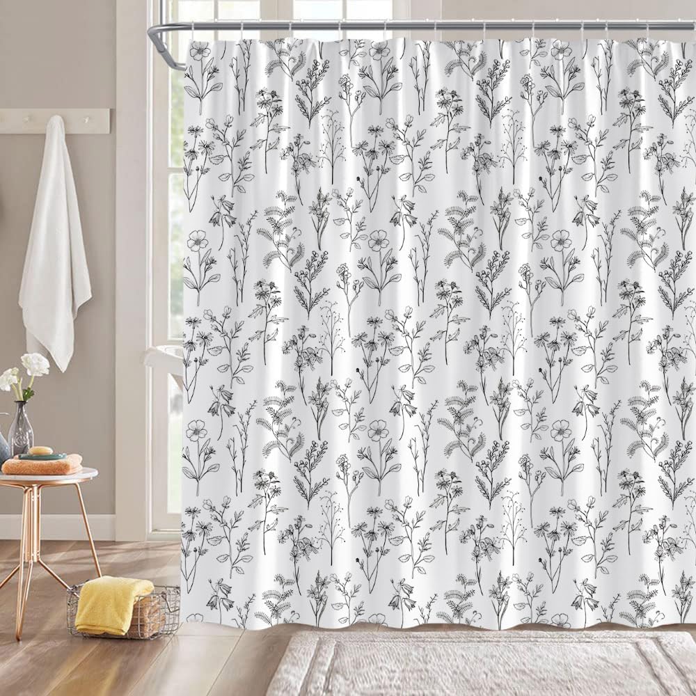 Black White Botanical Shower Curtain Boho Herbs Floral Nature Cute Plant Leaves and Flowers Retro Rustic Farmhouse Vintage Fabric Bathroom Decor Fabric Curtain with Hooks