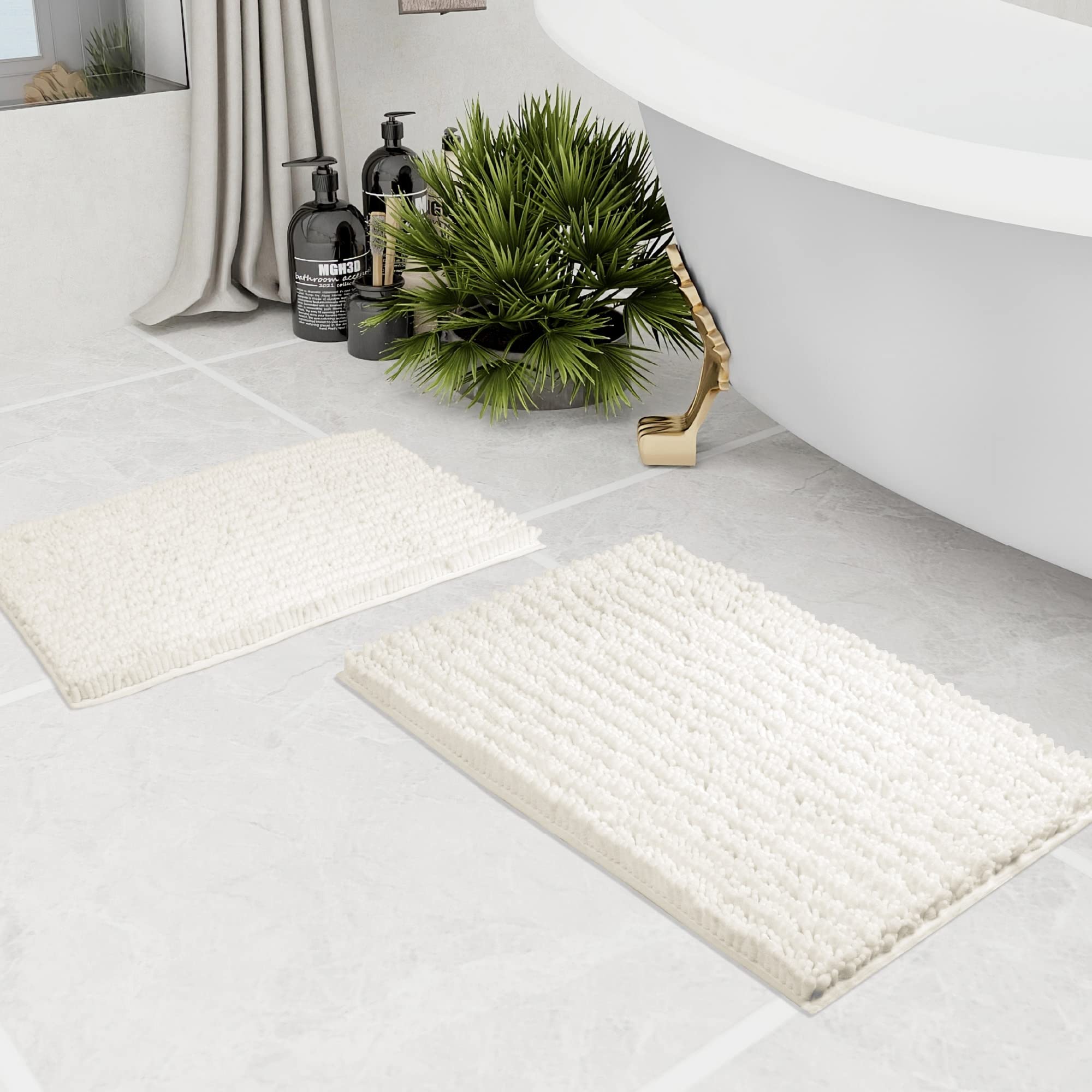 Walensee Bathroom Rug 2 Pieces Set Non Slip Bath Mat (17x24 Plus 20x32 Inch Ivory) Water Absorbent Super Soft Shaggy Chenille Machine Washable Dry