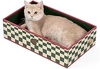 Vista 12 de Caja rascador para gatos con almohadilla de cartón de doble cara resistente, tumbona de cartón, cama para gatos de interior, diseño de agujero Blanco