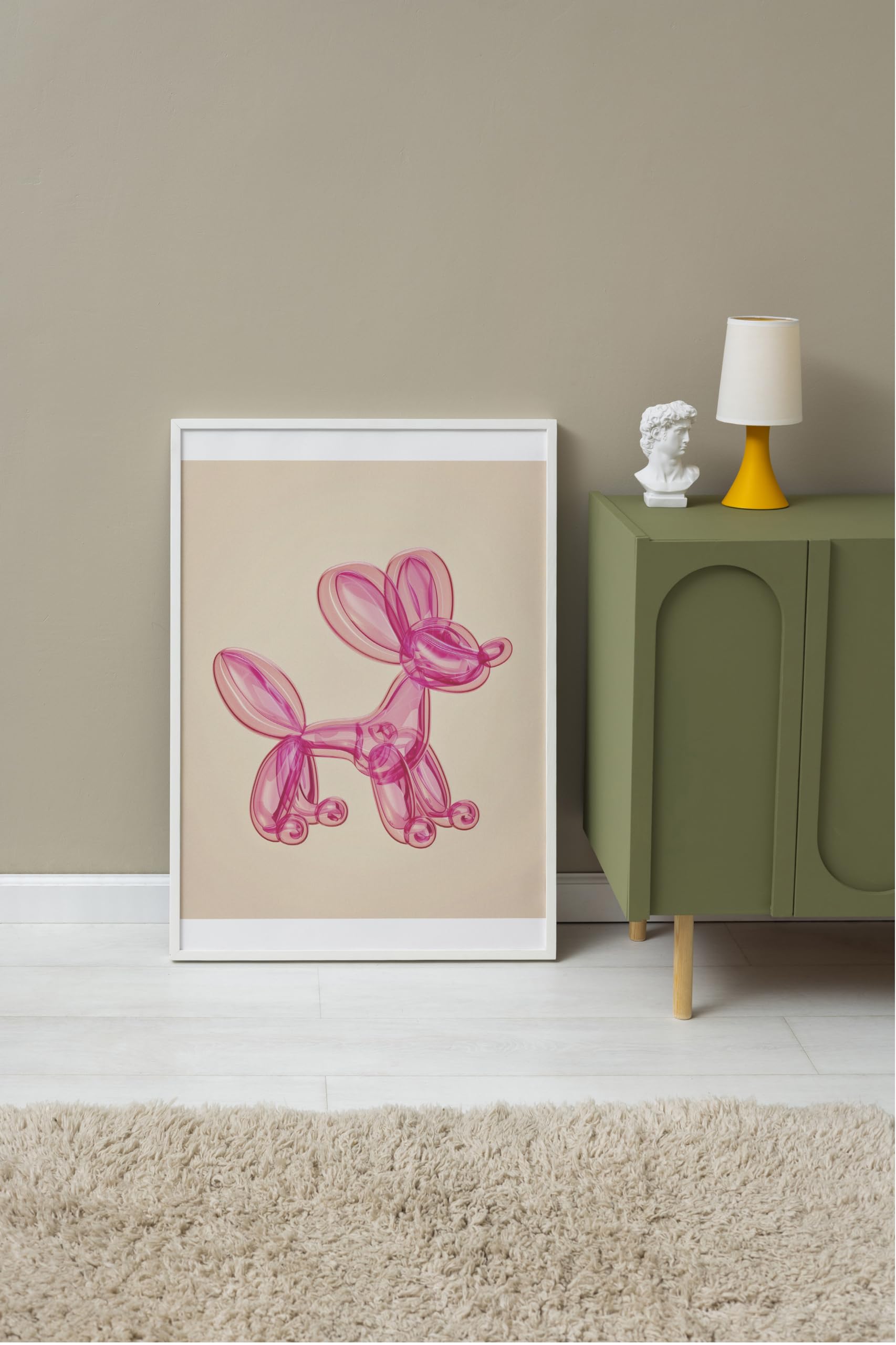 Zestia Beyaz Çerçeveli Tablo, Balon Köpek Heykeli, Gölge Efektli, 3D Minimal Poster No: 106456 21 x 30