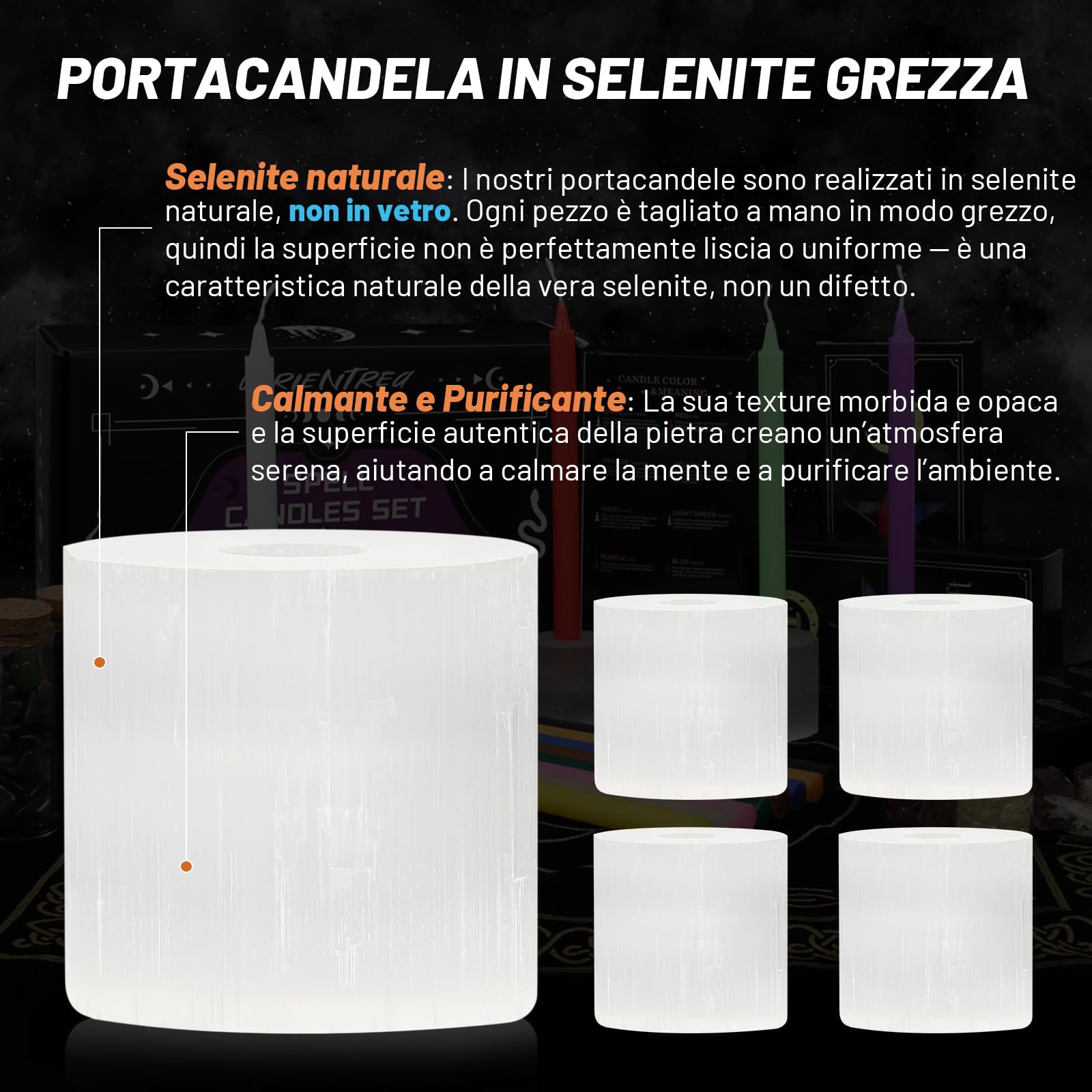 Set di 48 candele magiche con 4 portacandele in selenite su misura – candele colorate per stregoneria, rituali, meditazione, altare – Stabilità garantita, combustione sicura