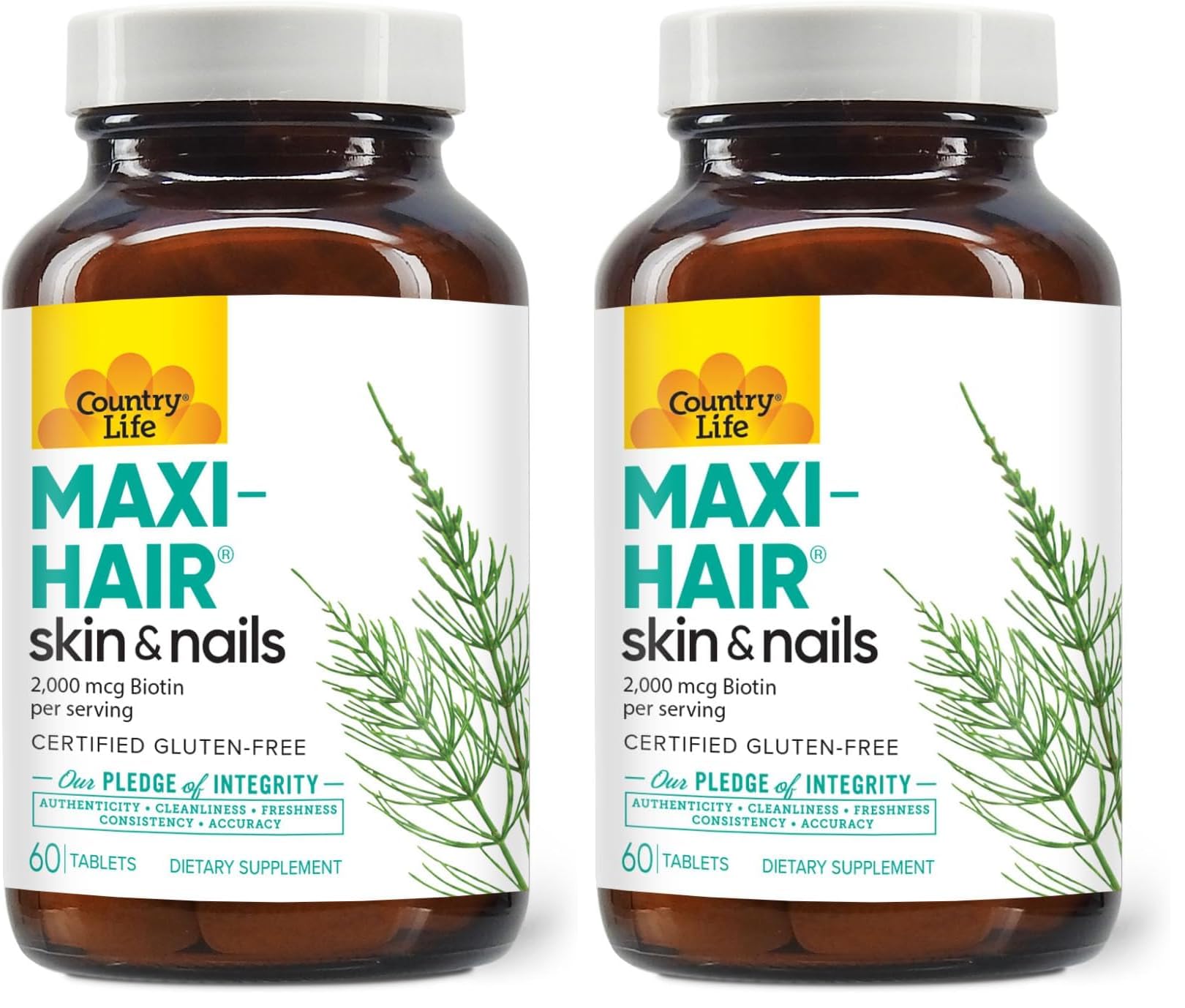 Country Life Maxi-Hair Supplement - 2000mcg Biotin & Vitamins for Hair, Skin & Nails - Certified Gluten-Free & Vegetarian - Supports Hair Growth, 60 Tablets (Pack of 2) Unflavored 60 Count (Pack of 2)