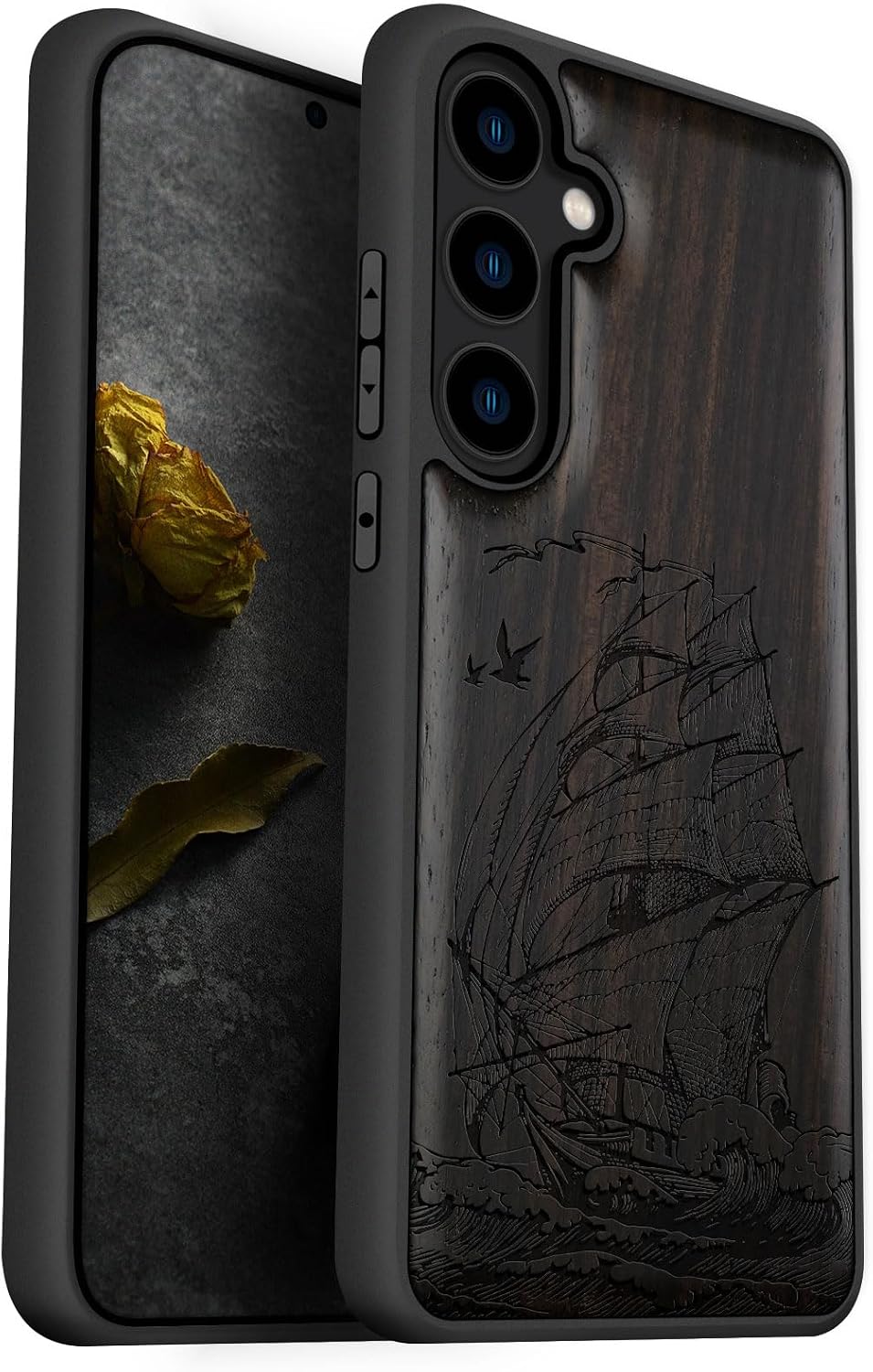 Carveit Wood Case for Galaxy S24 Plus Case [Natural Wood & Black Soft TPU] Shockproof Protective Cover Unique Wooden Design Compatible with S24 Plus (The Tarpon's Leap-Blackwood)