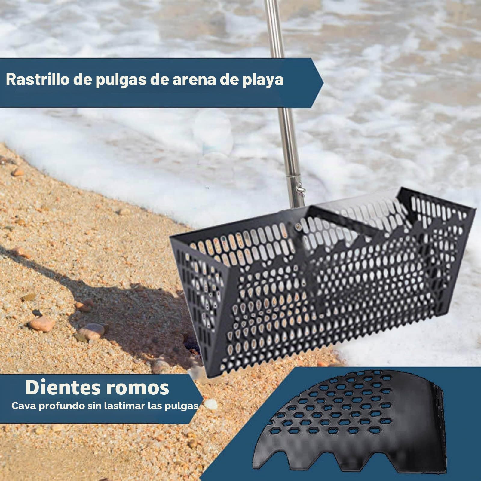 Rastrillo de playa profesional – Gran criba de arena de acero inoxidable 304 con mango de 140 cm – Cesta de 40 x 20 cm para pesca de cebos, limpieza de playa y juegos infantiles