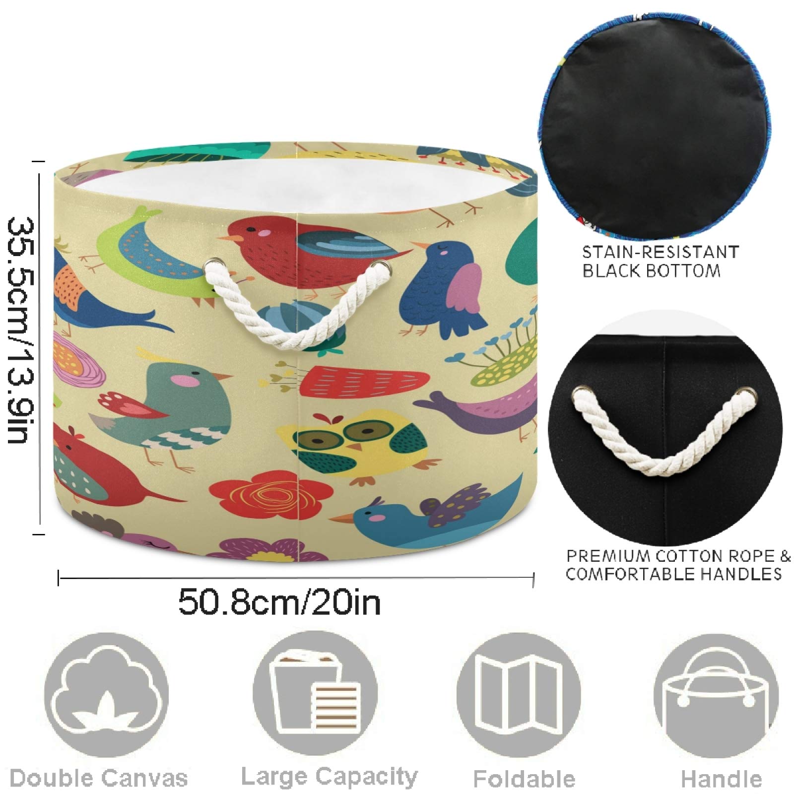 visesunny Cute Colorful Bird Cartoon Floral Collapsible Large Capacity Basket Storage Bin with Durable Cotton Handles, Home Organizer Solution for Office, Bedroom, Closet, Toys, Laundry