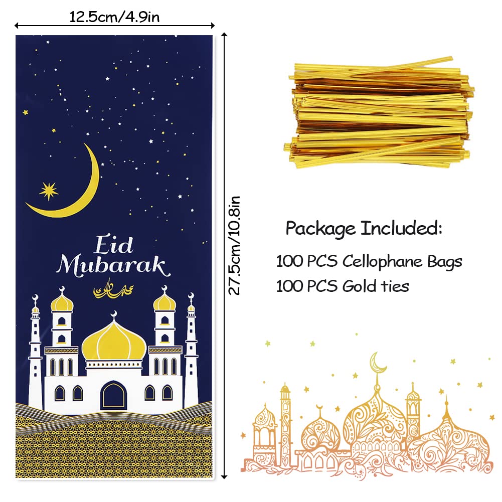 2026 Eid Mubarak Goodie Bags, 100 Pieces Muslim Castle Moon Star Pattern Ramadan Treat Bags Cellophane Bags Goody Favor Bags with Gold Twist Ties for Muslim Islamic Eid Iftar Diwali Party Kids Gifts