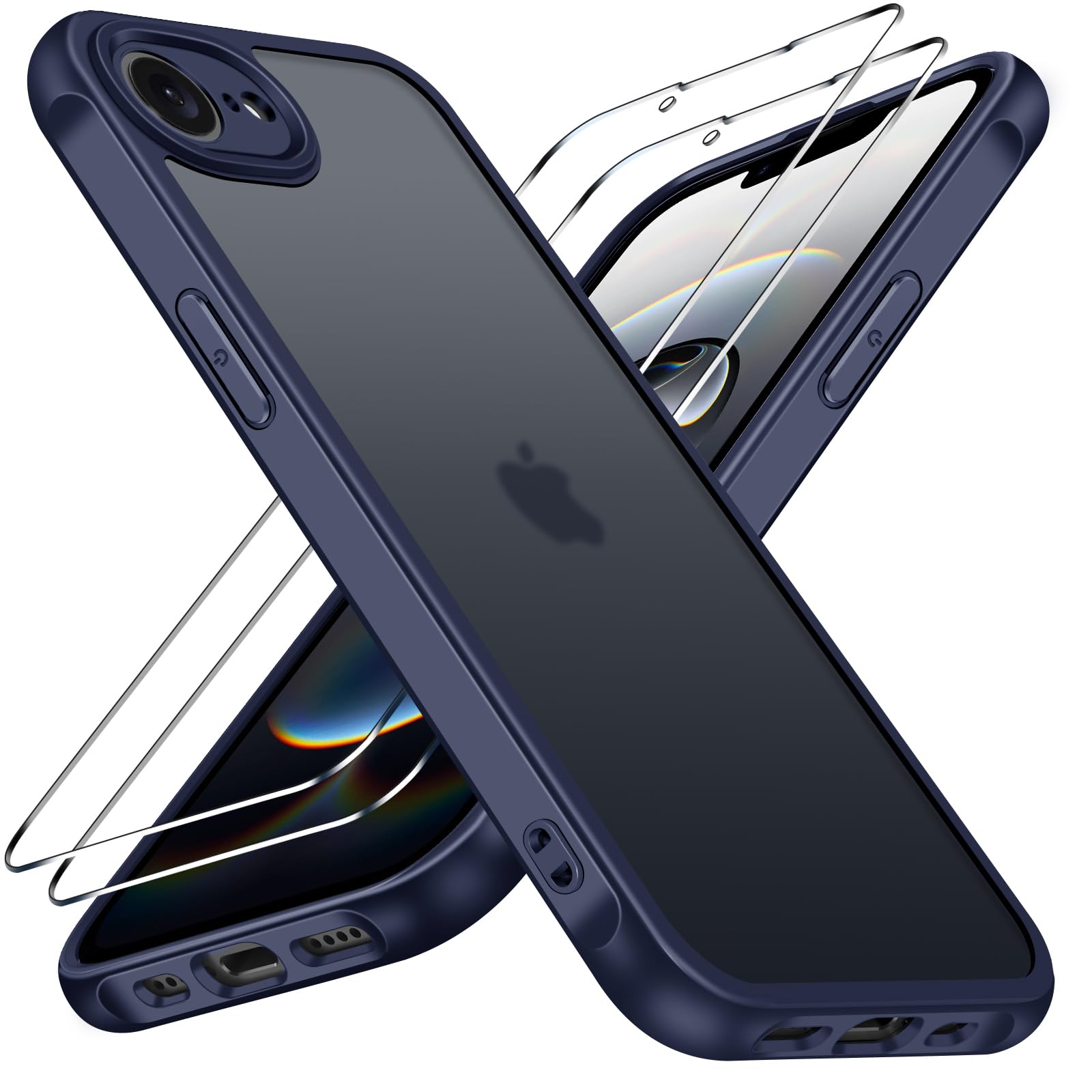 iVoler Cover Opaca per iPhone 16e con 2 Pezzi Pellicola Vetro Temperato, [Antiurto di Grado Militare] [Protezione Fotocamera] Custodia Traslucida Sottile Anti-Impronte Case - Blu