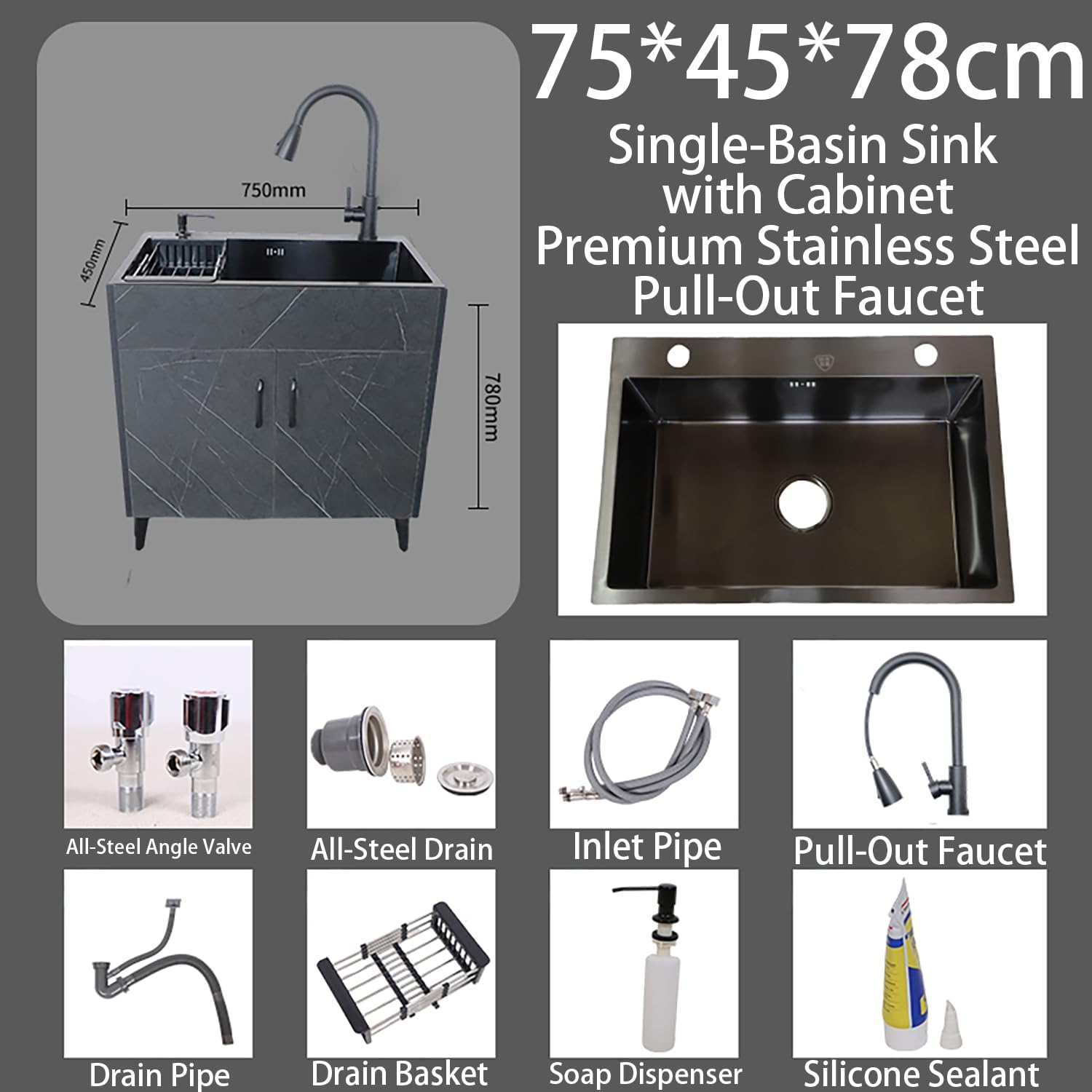 Long 19-31In Laundry Sink Cabinet with Stainless Steel Sink And Pull-Down Faucet,Commercial Free Standing Utility Sink,for Kitchen,Bathroom,Garage,Indoor/Outdoor,Black,75 * 45 * 78cm