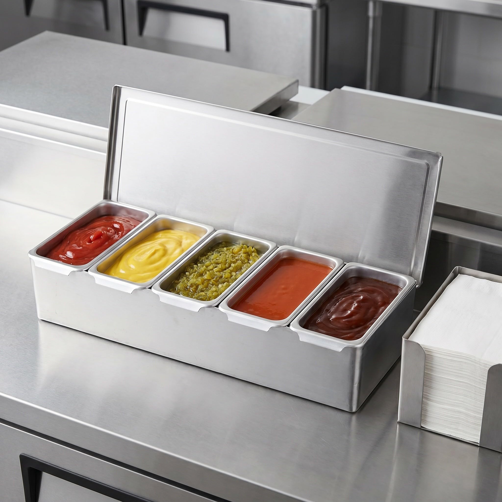 OUNONA 1 Set gekühlte Behälter für Gewürze und Soßen mit Deckel, Gemüse- und Gewürzbehälter - Edelstahl, 5-teiliger Behälter für Toppings, Obst, Eiscreme, Salat