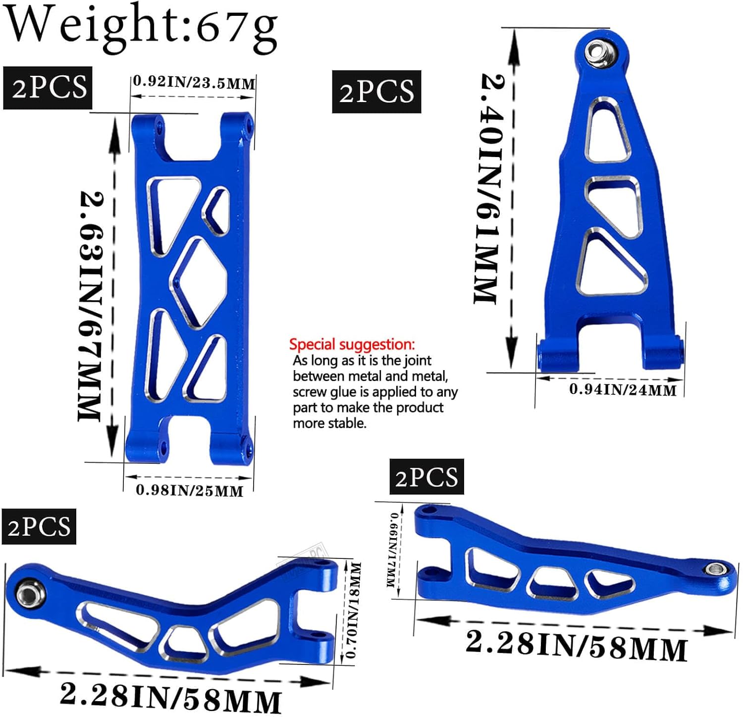 RC Alloy Front Rear Suspension A Arms Upgrades Part for 1/18 Granite Grom Mega 380 Brushed 4x4 Monster Truck RTR, Aluminum Front Rear A Arms Hops Up,Navy Blue(8PCS)