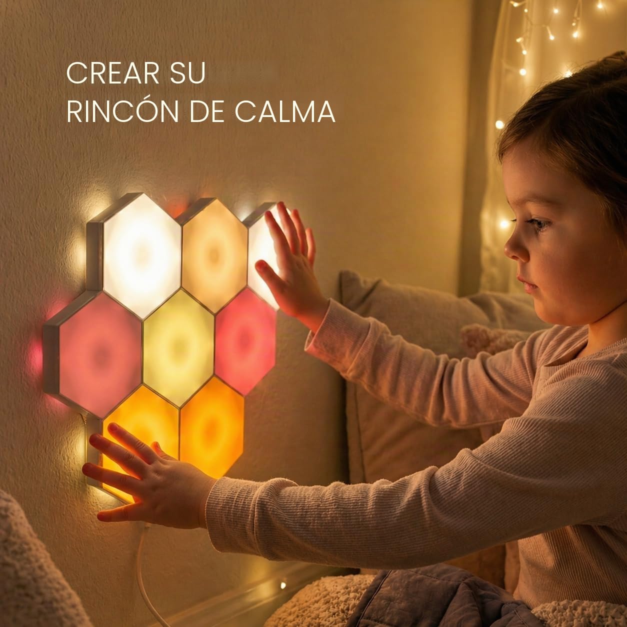 Emberela HEXlights - Luces sensoriales para niños, 7 unidades hexagonales táctiles, control remoto, paneles LED de pared, soporte de mesa incluido