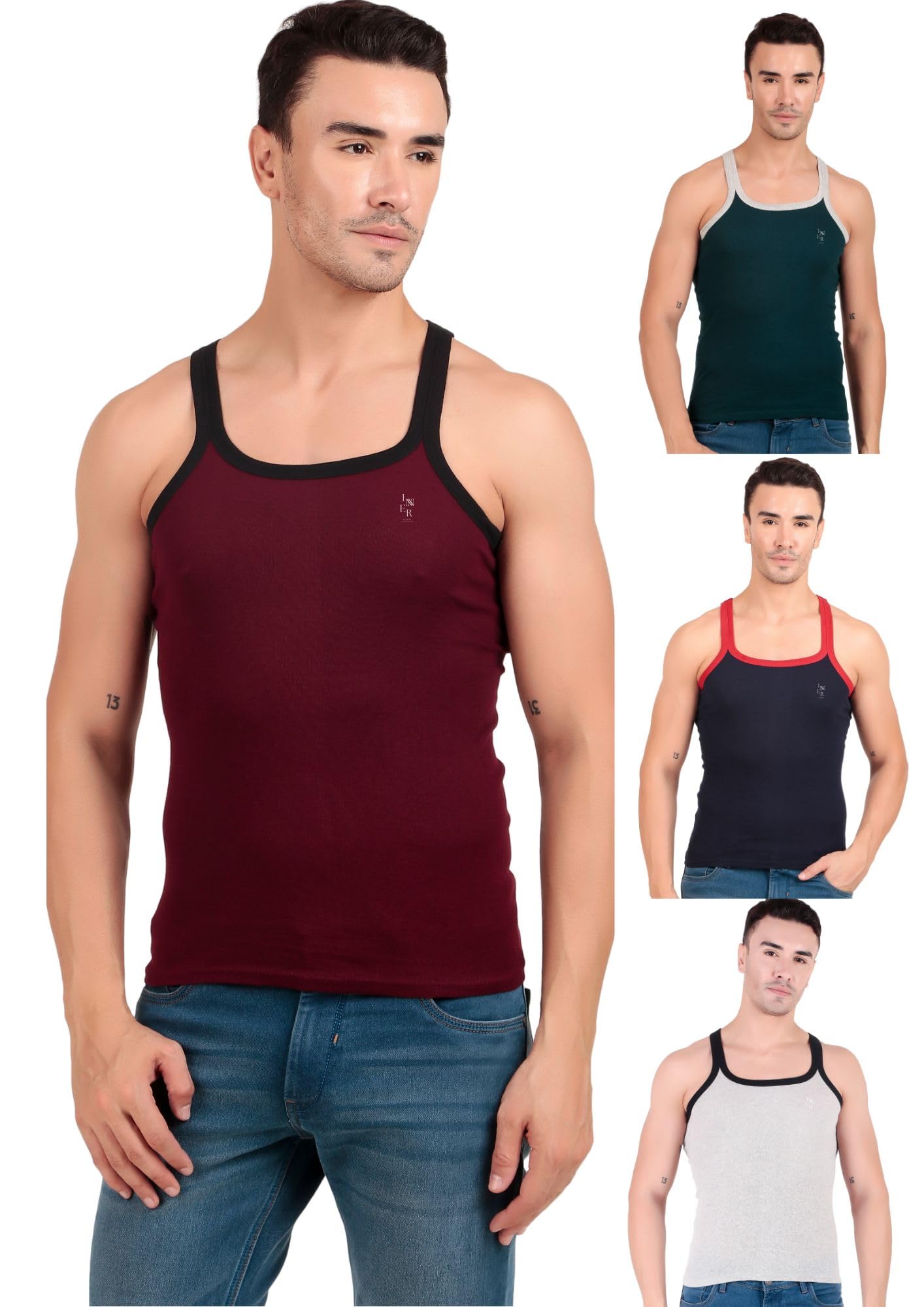 inner element Men's Combed Cotton Rib Square Neck Sleeveless Gym Vest Multicolor Pack of 4-picture-15