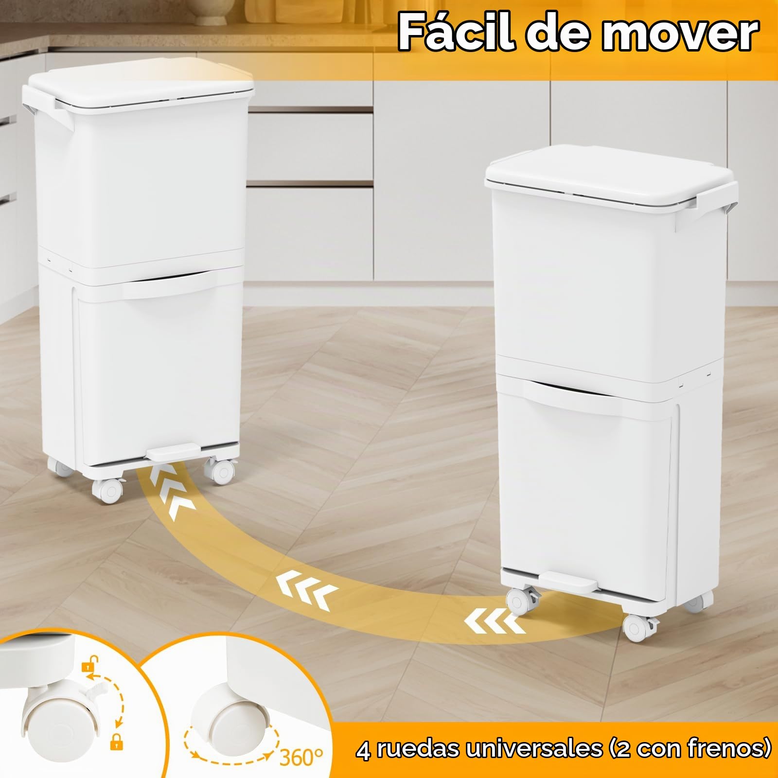 GIANTEX Cubo de Basura de Cocina 36 L, Papelera de Reciclaje con 3 Compartimentos, Pedal, Tapa y Ruedas, 3 Cubos Extraíbles, 42x29x74cm, Contenedor PP para Comedor, Oficina, Baño