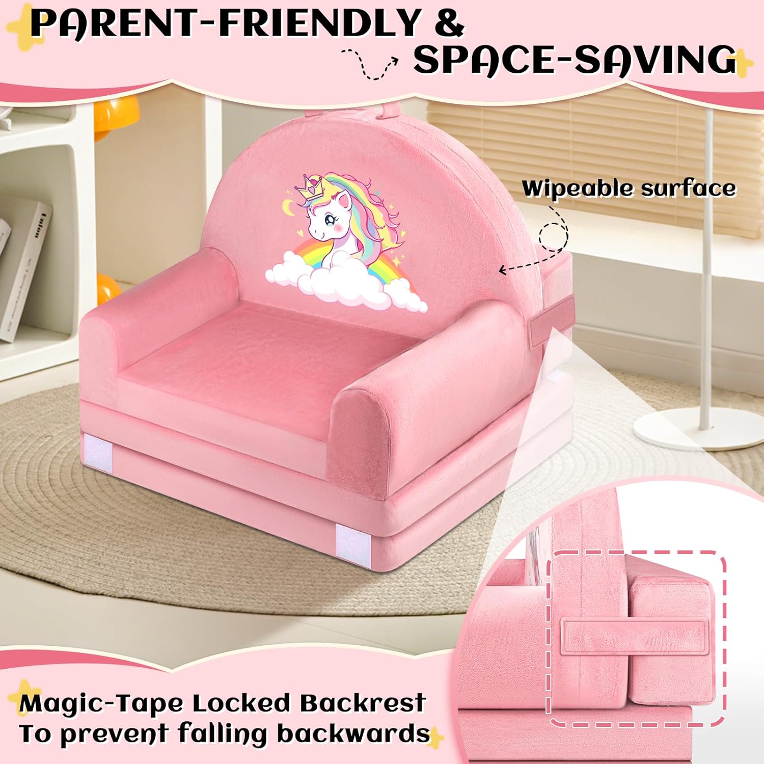 Unicorn Kids Sofa Bed with Removable Washable Cover & ​​Hook and Loop​​ Backrest – Foldable Toddler Chair, Cozy Crystal Velvet Furniture for Playtime, Naps & Travel (Pink, Unicorn Design)