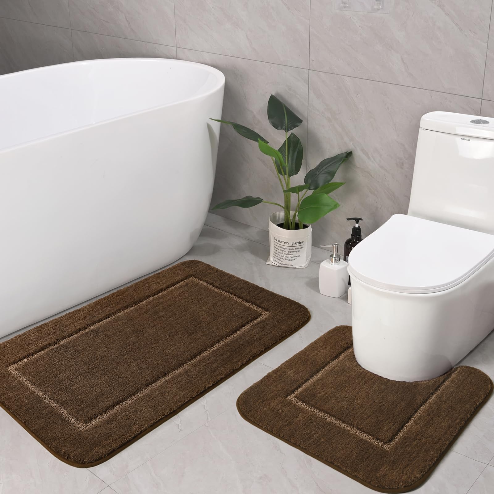 LOCHAS Bathroom Rug Set Light Brown, Soft Bath Rug Set 2 Piece Set, Toilet Mat U-Shaped 20x20 and 34x20 Bath Rugs, Quickly Dry Mats for Bathroom, Tub,