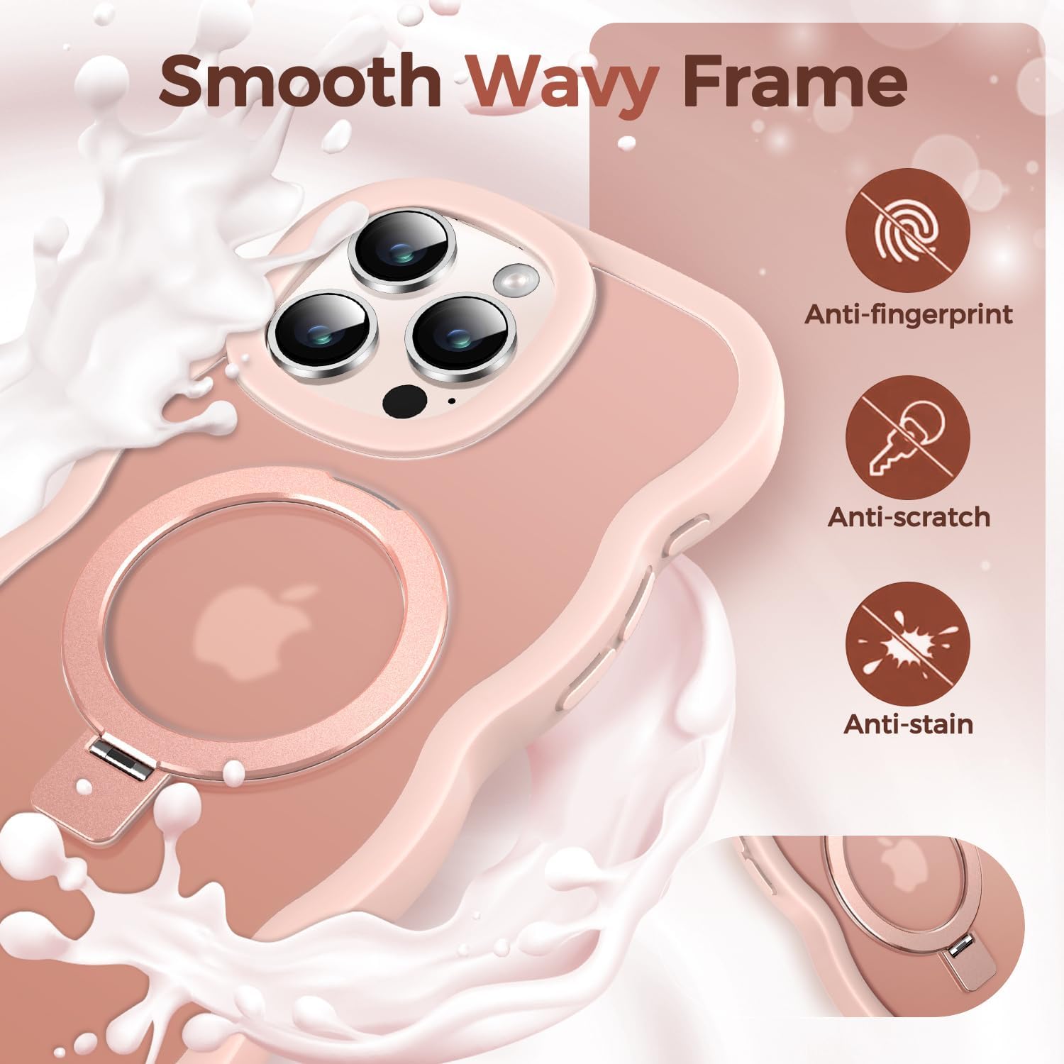 [Cute Wave Frame+Mag Stand] Designed for iPhone 16 Pro Max Case, [Fit for MagSafe] Translucent Silicone Protective Magnetic Ring Phone Case Cover for iPhone 16 Promax 6.9 inch Men Women, Pink - Image 7