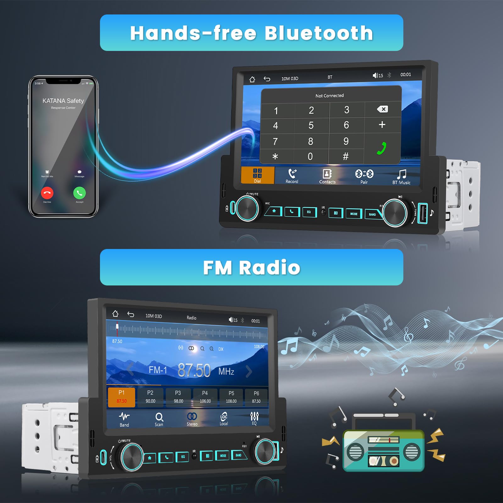 Inefala Radio samochodowe 1 din z wyświetlaczem 7 cali, bezprzewodowe Carplay Android Auto, radio Bluetooth 1 din z Mirror Link, radio FM, USB Type-C, kamera cofania, mikrofon