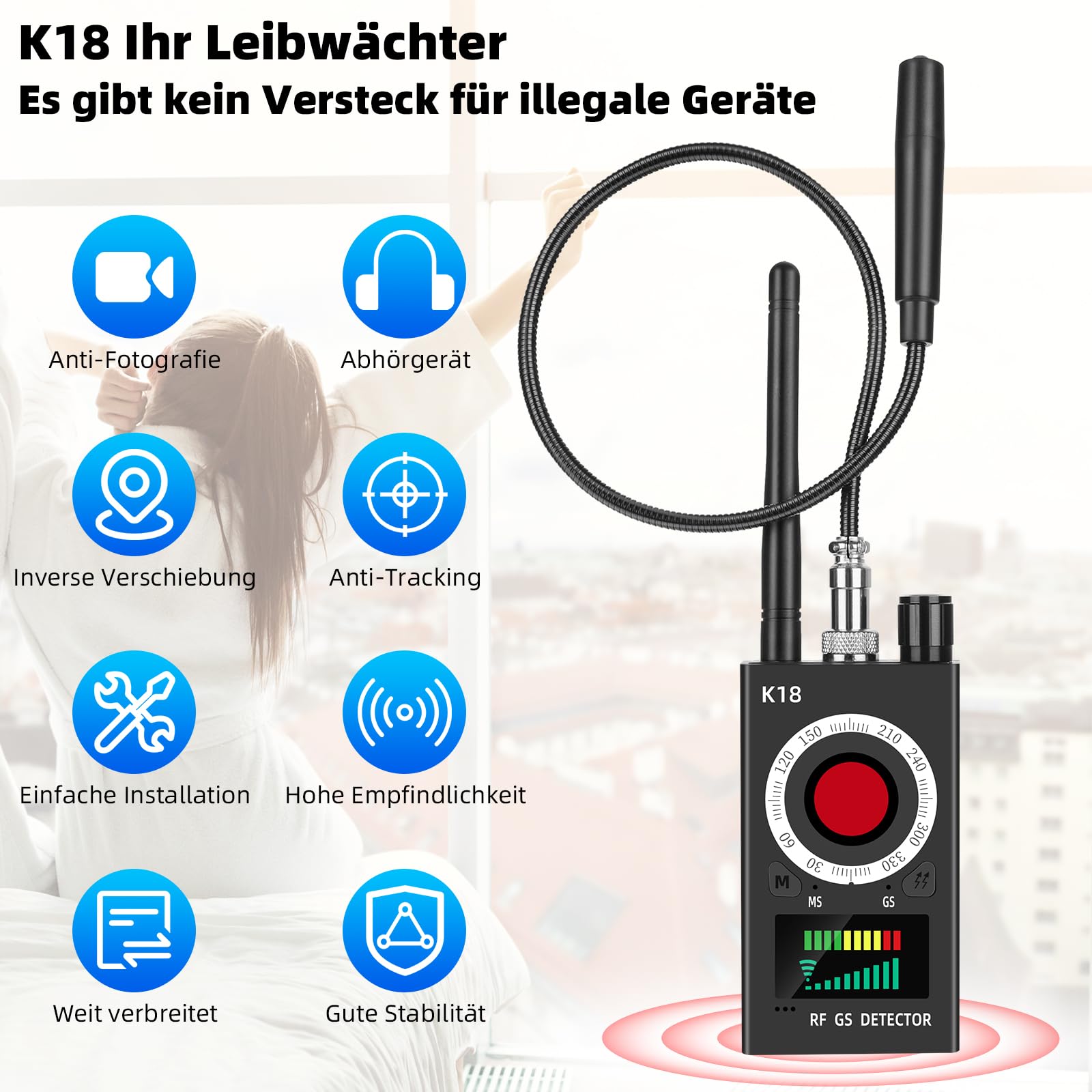 K18 wykrywacz pluskiew 4 w 1 kamera szpiegowska i skaner GPS | Wykrywanie RF 1 MHz – 6,5 GHz – pole magnetyczne i lokalizator GPS – alarm wibracyjny – 30 g ultraprzenośny – tryb słuchawek