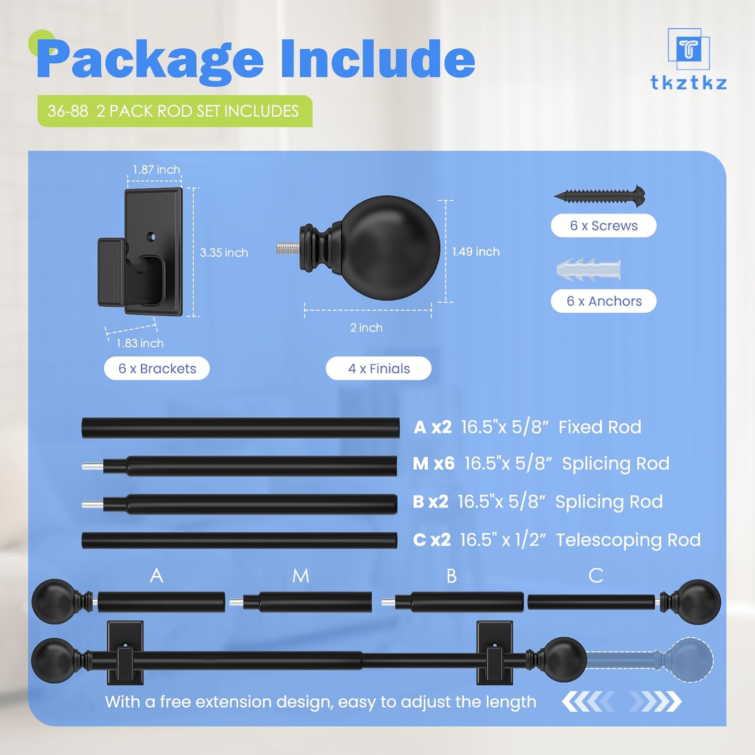 Black Curtain Rods No Drilling-Adjustable No Drill Curtain Rods for Windows 36-88"with Adhesive Brackets for Bedroom Apartment Renter Friendly,Small French Door Sash Rod Easy Install,2Pack