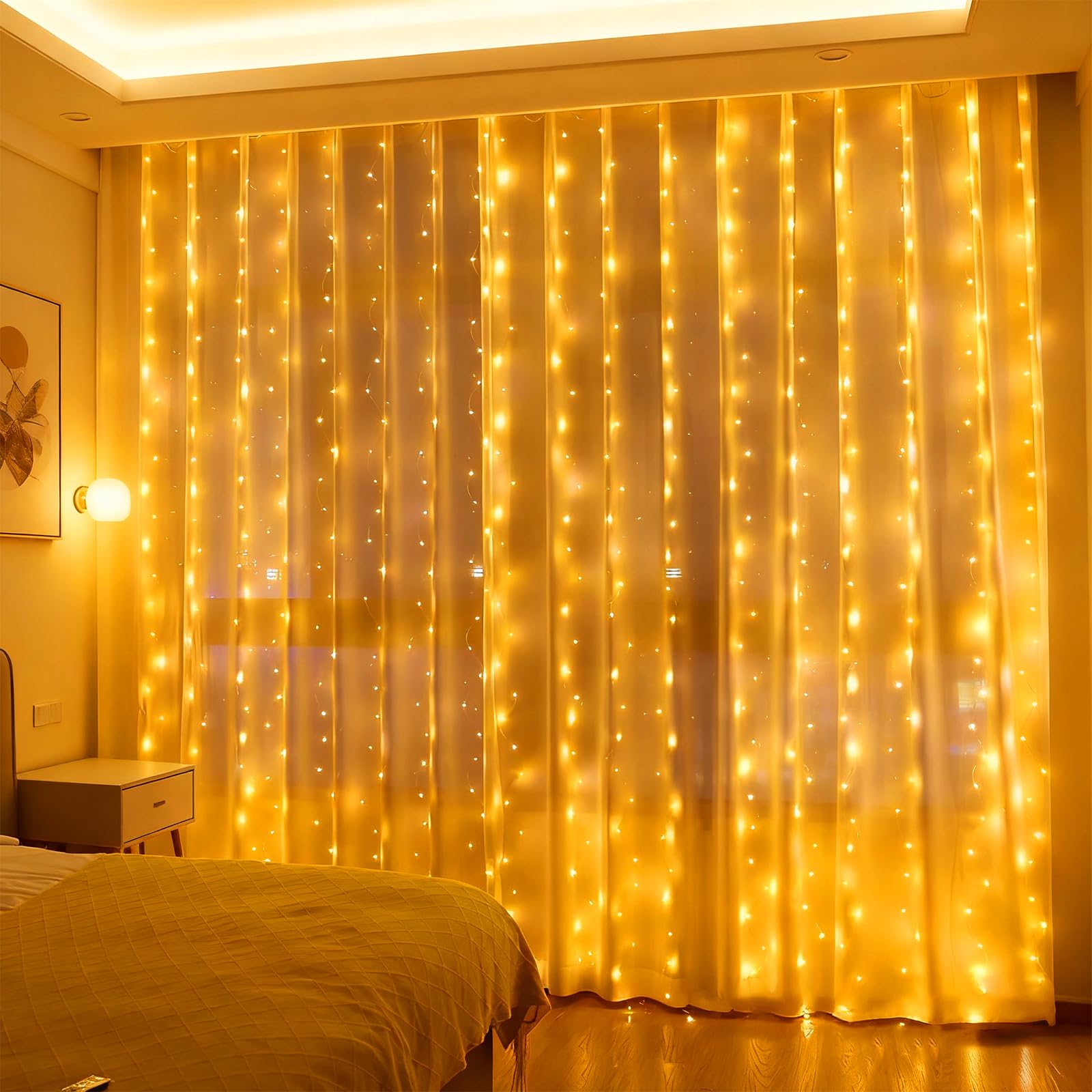 Curtain Lights Indoor Outdoor,3m×3m 300LED Window Curtain Fairy Twinkle Lights with 8 Modes Adjustable Brightness,Waterfall Hanging Curtain Light Plug in for Bedroom,Garden,Party,Wedding,Christmas