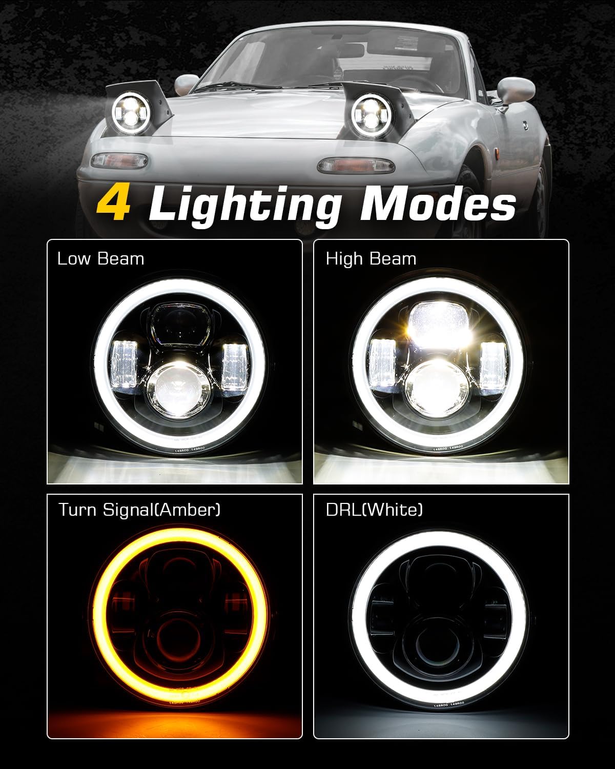 7-Inches LED Headlights Compatible with Jeep Wrangler JK JKU H1 H2 Miata GMC Chevy Ford Dodge etc H6024 Round Halo Replacement DOT Approved High/Low Beam DRL Turn Signal Headlamp Black 1 Pair