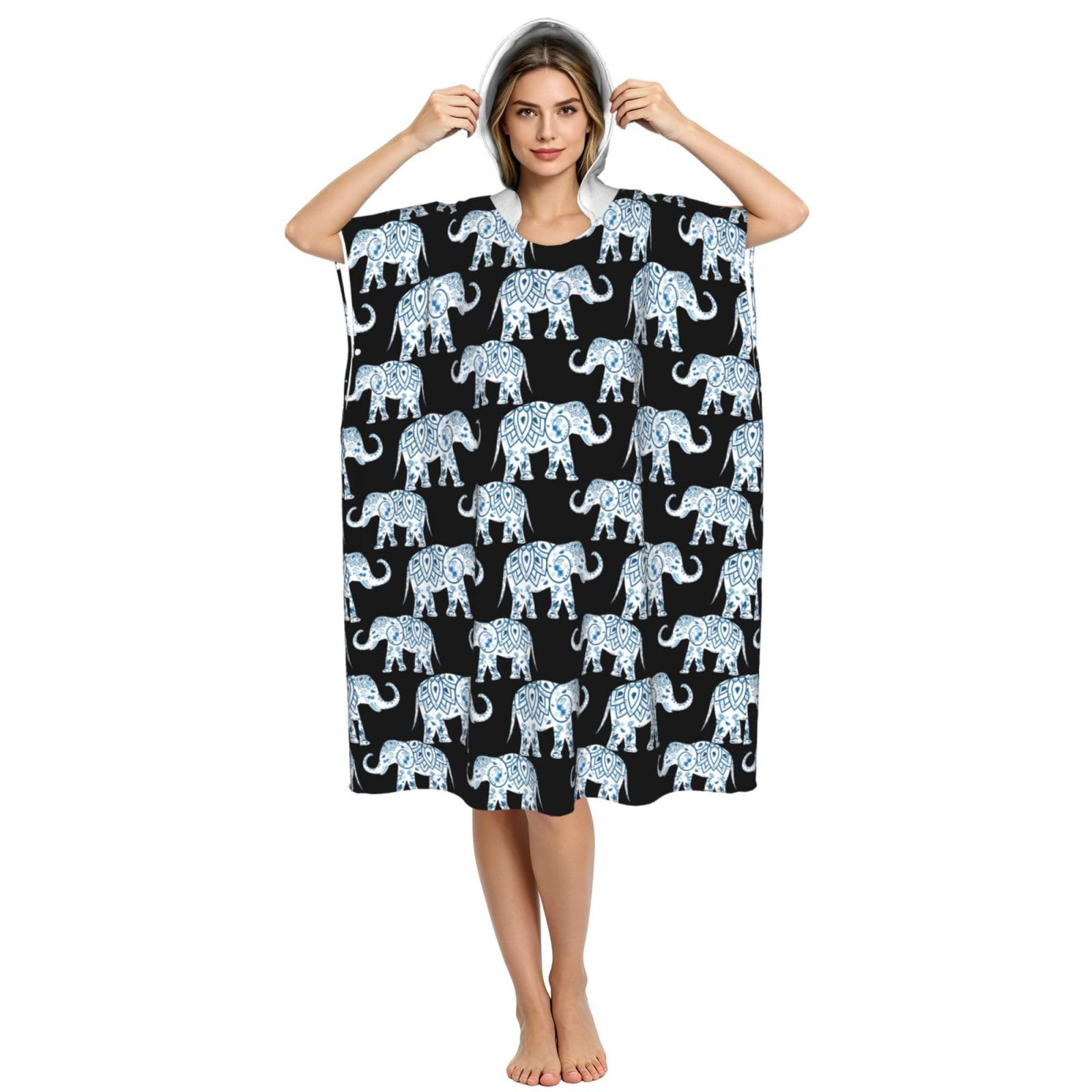 Yyoretp Elephant Print Surf Poncho Changing Towel Swim Robe Hoodie Quick Dry Terry Cloth Swimming Cover Up