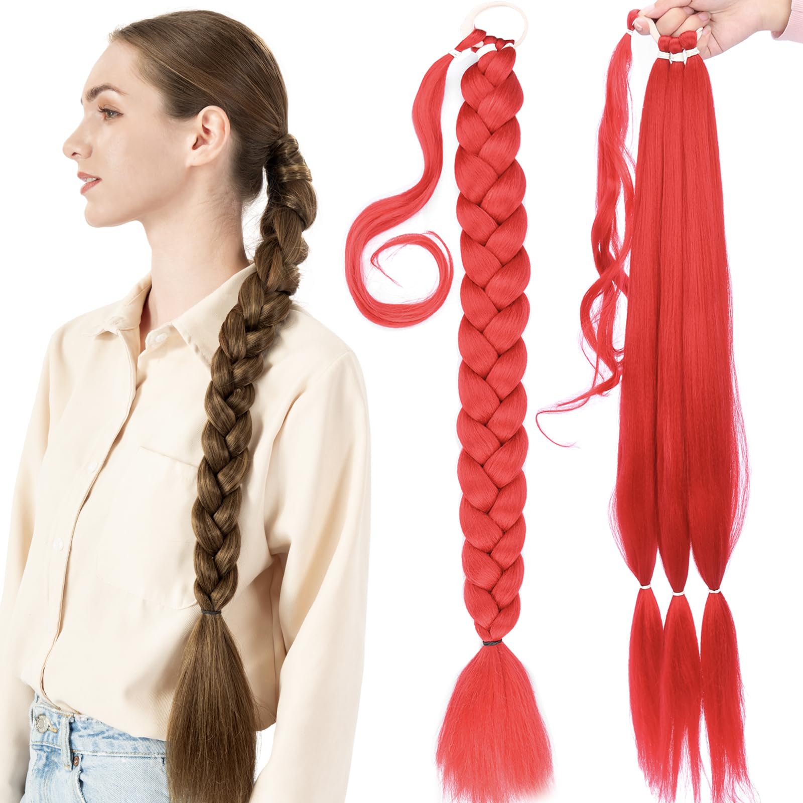BOBIYA Long Braided Ponytail Extension 30 Inch Pre stretched Braiding Hair Extensions DIY Braid Ponytail Natural Soft Ponytails (Red)