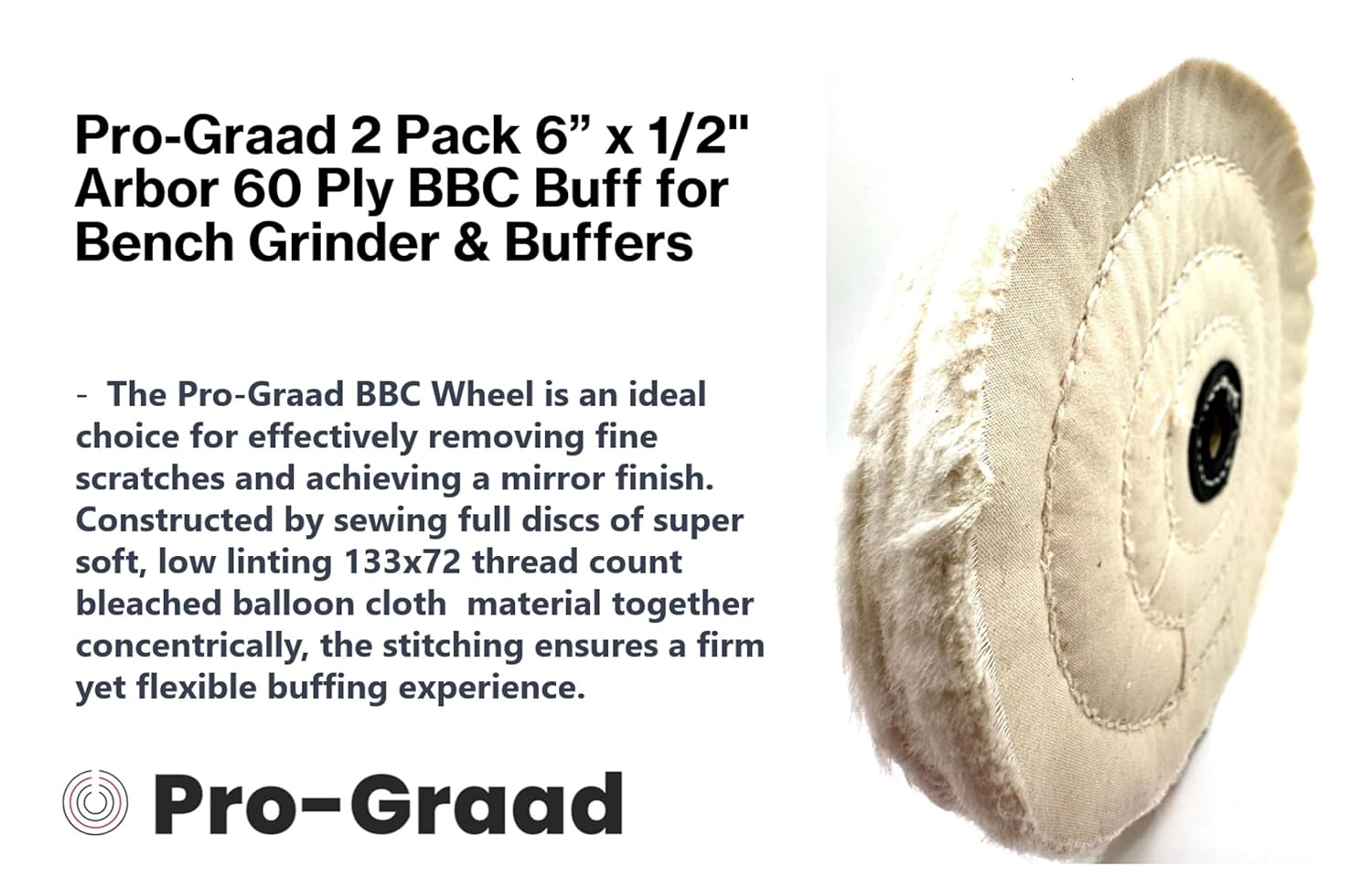 2 Pack 6” BBC Buffing Wheel, 60 Ply, Bleached Balloon Cloth 133x72 Thread Count, 1/2” Arbor Hole for Bench Motor, Silky & Ultra Smooth Buffing & Polishing Wheel for Final Finish with Rouge