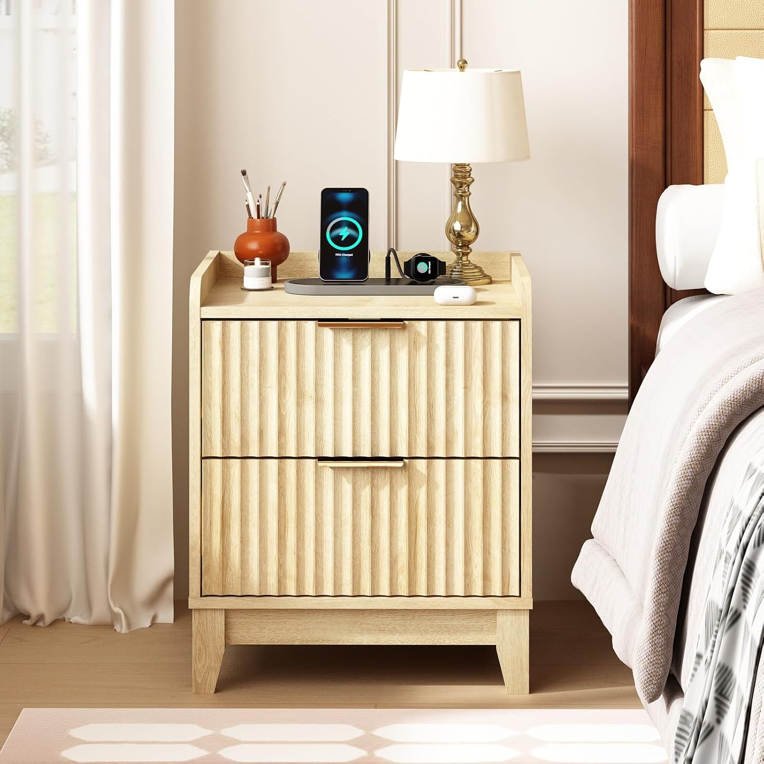 Fluted Nightstand with Charging Station, Farmhouse Bedside Table with 2 Drawers, Modern Wood Side End Table with Storage for Bedroom, Natural