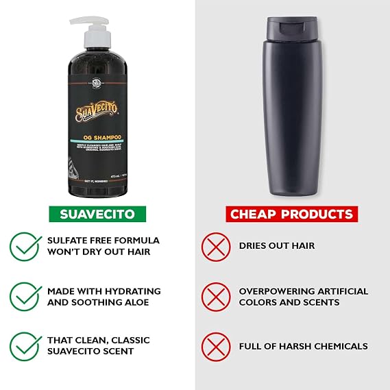 Suavecito OG Shampoo 16 oz Pump Bottle Original Scent - Gently Cleanses Hair, Hydrates and Soothes with Aloe, Works On All Hair Types and Textures - Restores Shine & Luster - Sulfate Free