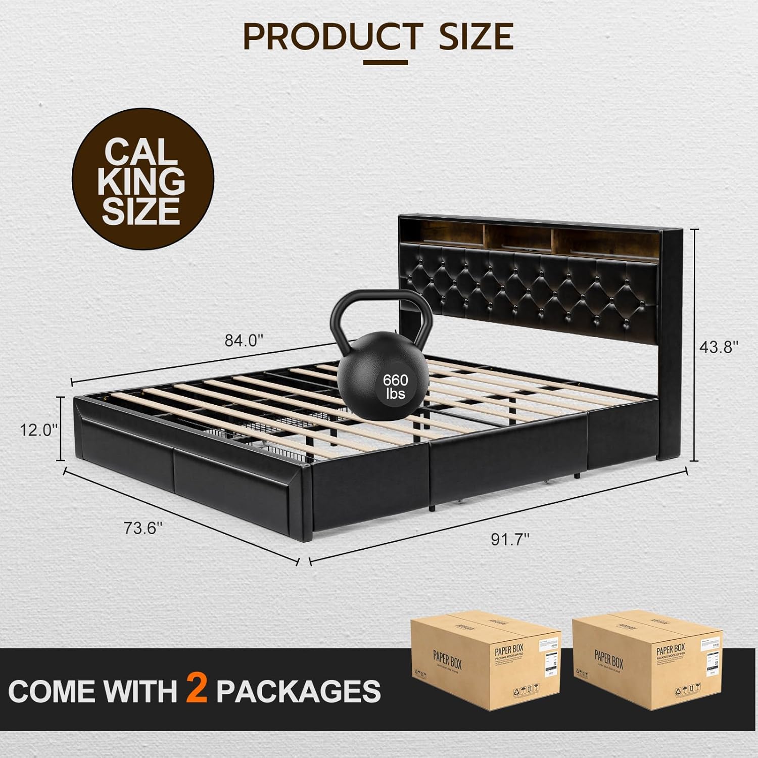 IKIFLY California King Bed Frames with 4 Drawers & Hidden Storage Headboard, Upholstered Cal King LED Platform Bed with Type-C Charging Station, No Box Spring Needed, Wood Slats, Noise Free (Black)