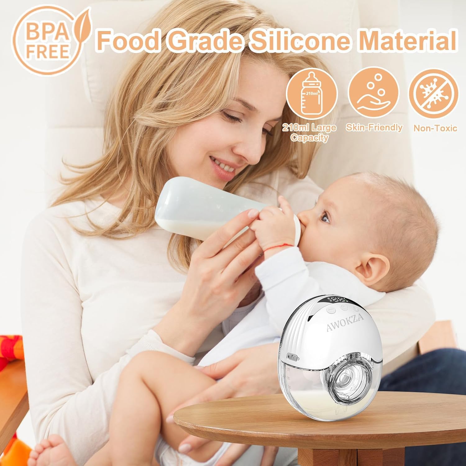 AWOKZA Breast Milk Collecting Cups 4 Modes 12 LevelsPain Free Electric Wearable Breast Pump Hands Free Electric Portable For Mom Breast Feeding 19mm/21mm/24mm Flange 210ML Capacity