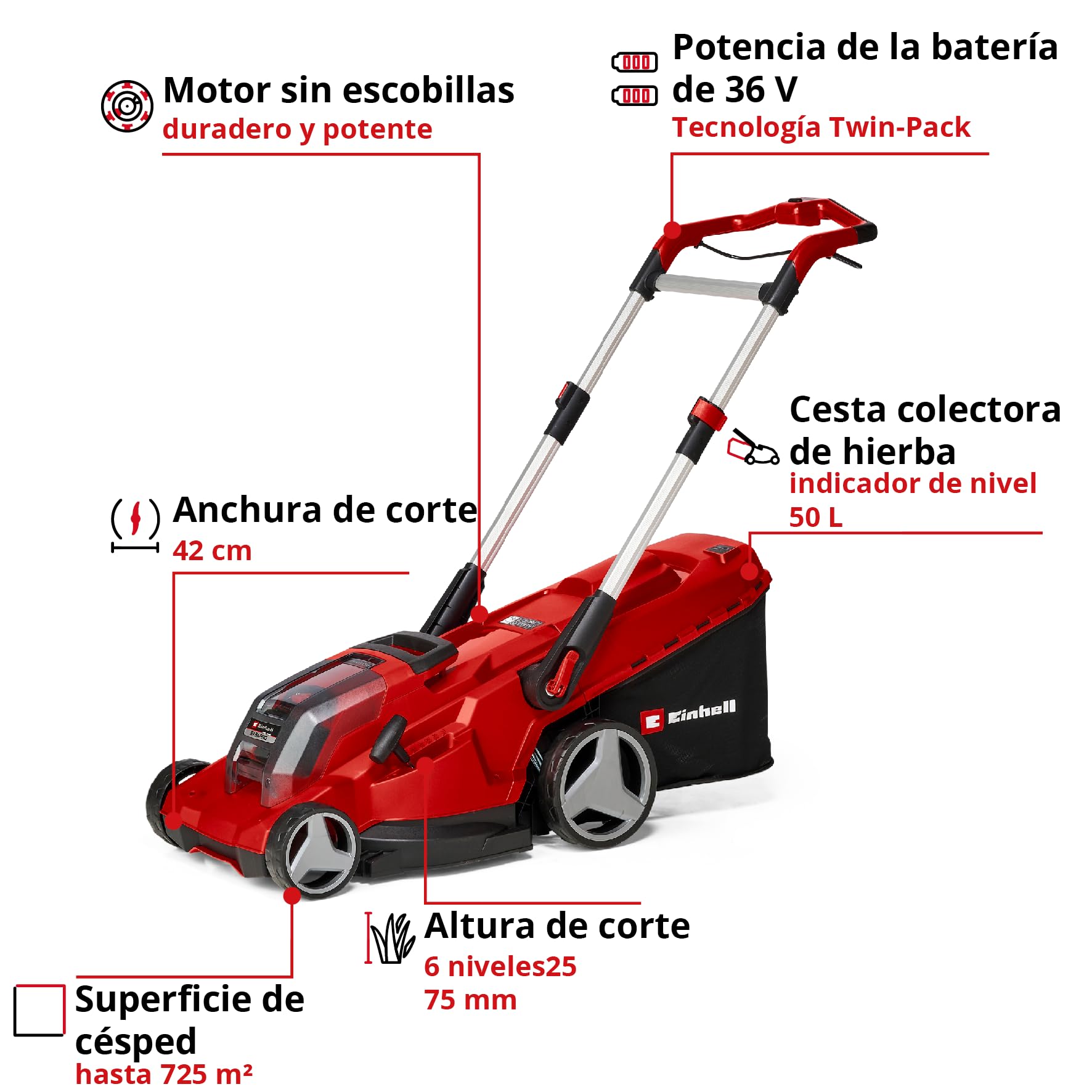 Einhell Kit de cortacésped con batería RASARRO 36/42 Power X-Change (36V, 42cm Anchura Corte, hasta 725m2, sin escobillas, Cesta colectora 50l, función de mantillo, Incl. 2 5,2 Ah, 1 Cargador Gemelo)