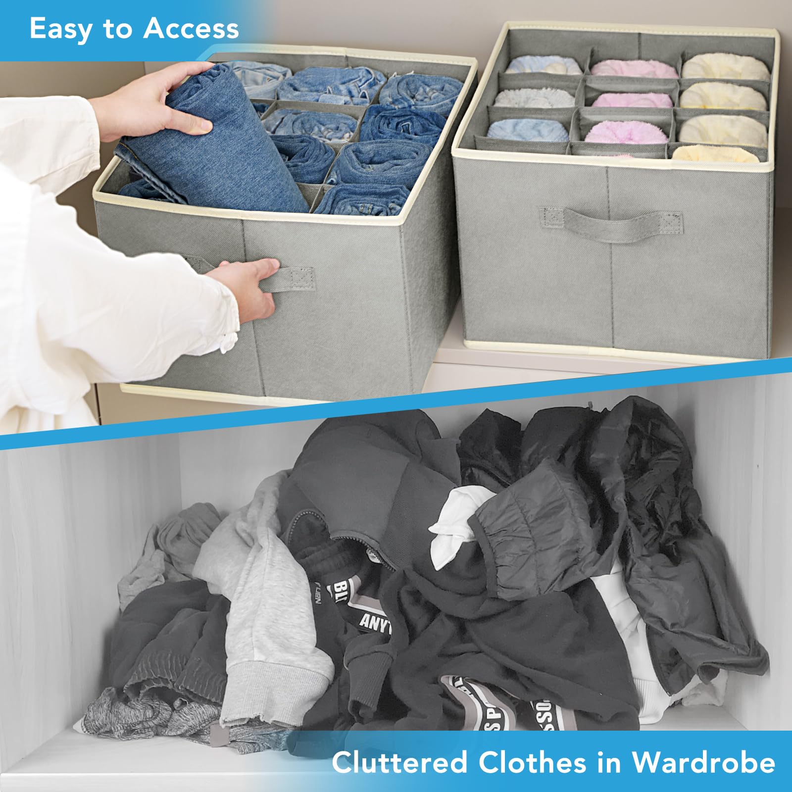Lot de 3 organiseurs empilables à 12 compartiments pour pantalons, vêtements, jeans, pulls, t-shirts, robes, pour armoire, placard, tiroir de rangement, gris