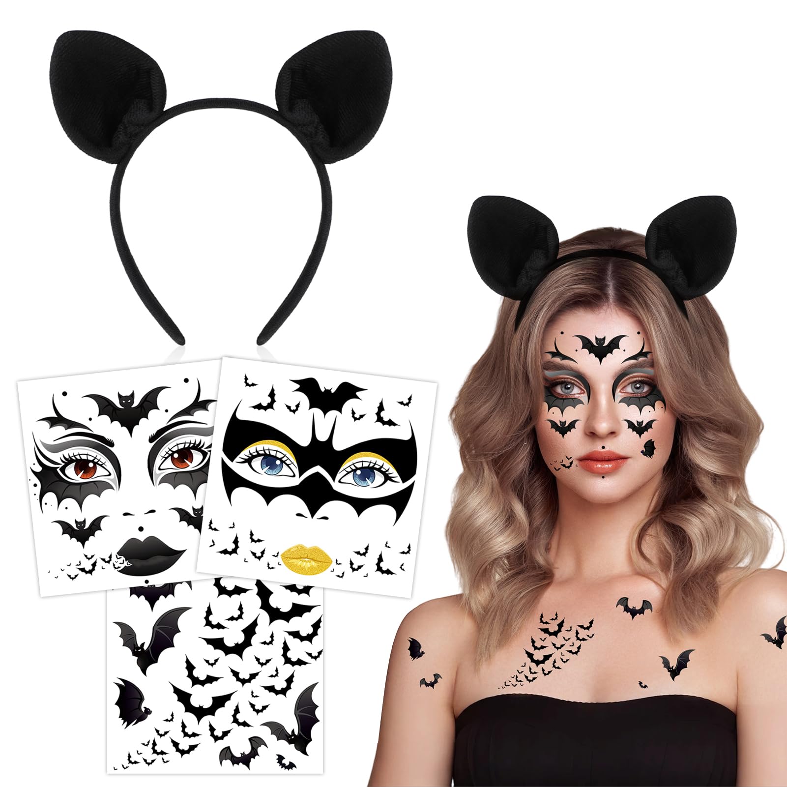 HOWAF Bat Headband & Halloween Face Tattoos Stickers, Bat Ears Headband for Hair Accessories, Carnival Halloween Costumes Women Men, B