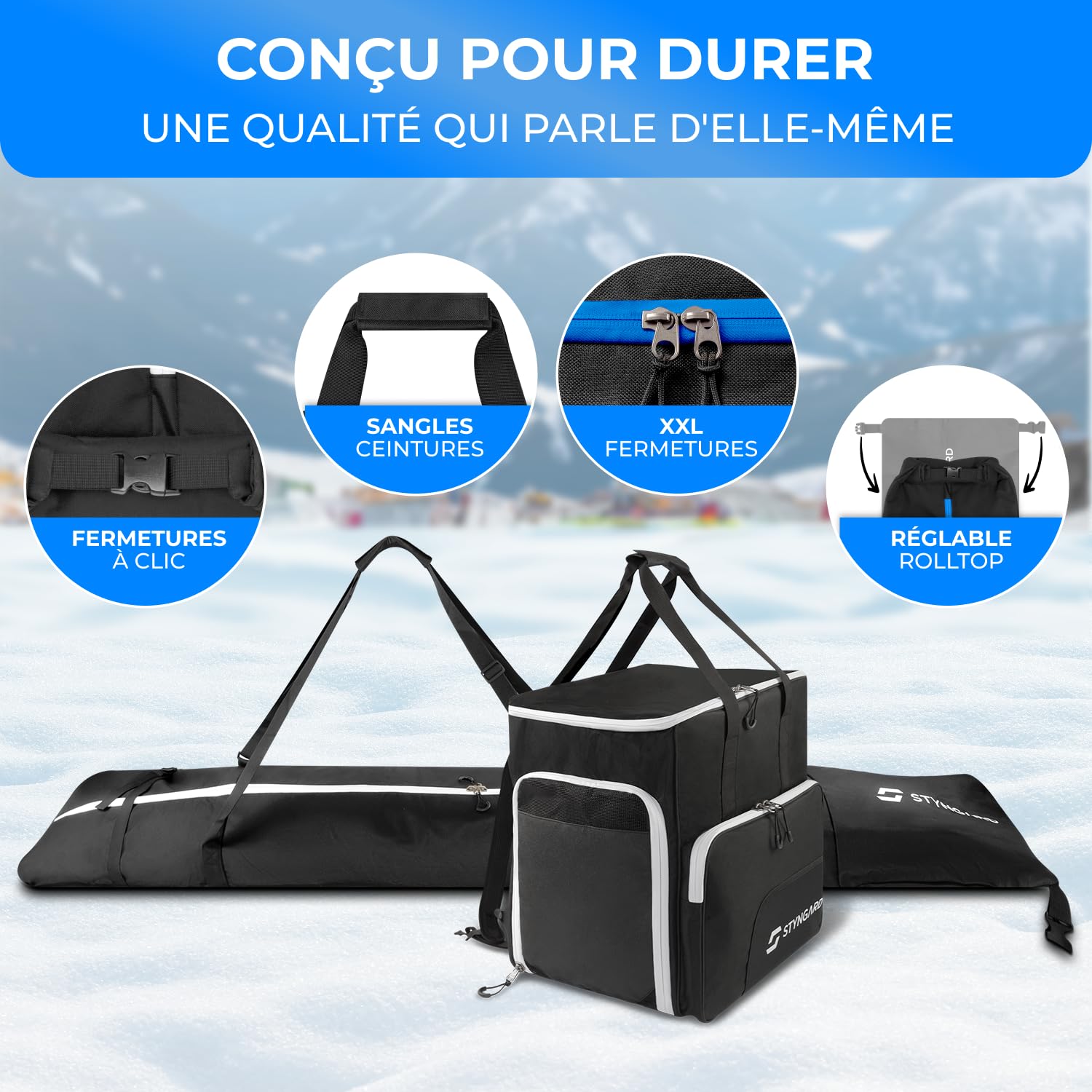 STYNGARD Set Double Sac de Ski pour 2 Paires de Skis [140 cm à 200 cm] et Sac à Chaussures de Ski avec Compartiment pour Casque [54 L] Modèle Salzburg