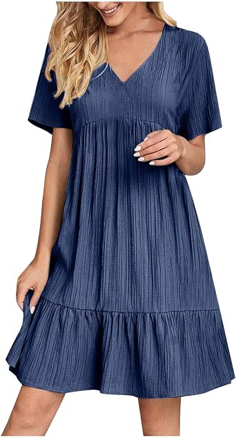 Sun Dresses for Women 2025 Vacation Summer Casual Short Sleeve V Neck Flowy Swing Dress Pleated Ruffle Beach Sundress