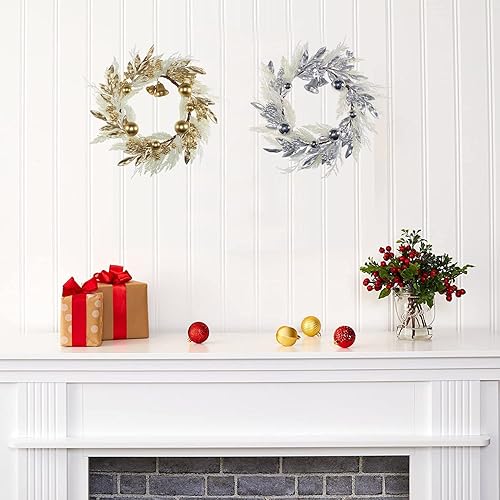 Miniatura 7 de Corona de Navidad dorada de 19 pulgadas para puerta delantera, corona de Navidad falsa blanca de pampa con hojas de bayas doradas, campanas, bolas