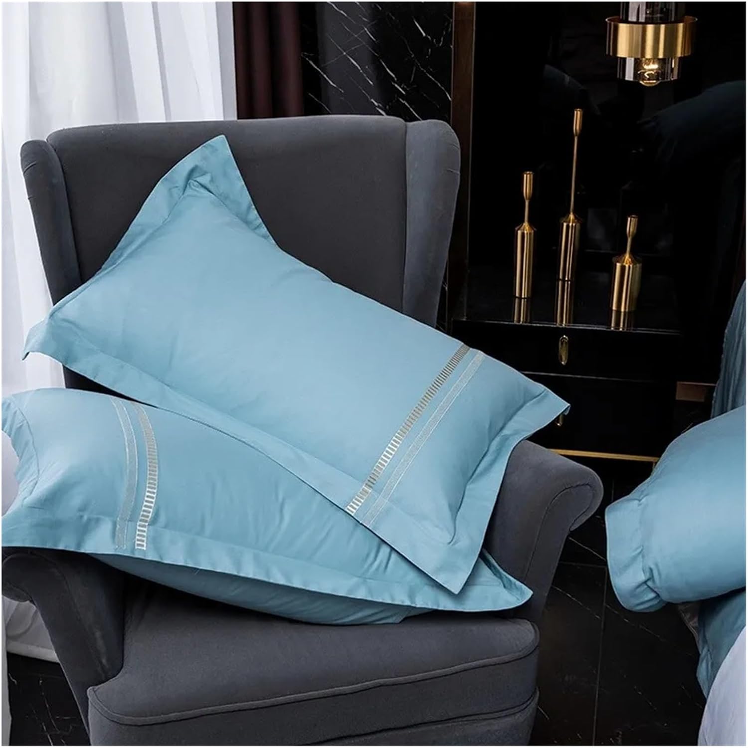 Vertical Embroidered Duvet Cover Soft Breathable 100% Cotton Queen White Dark Grey Bedding Set Bed Sheet Pillowcases,Bed