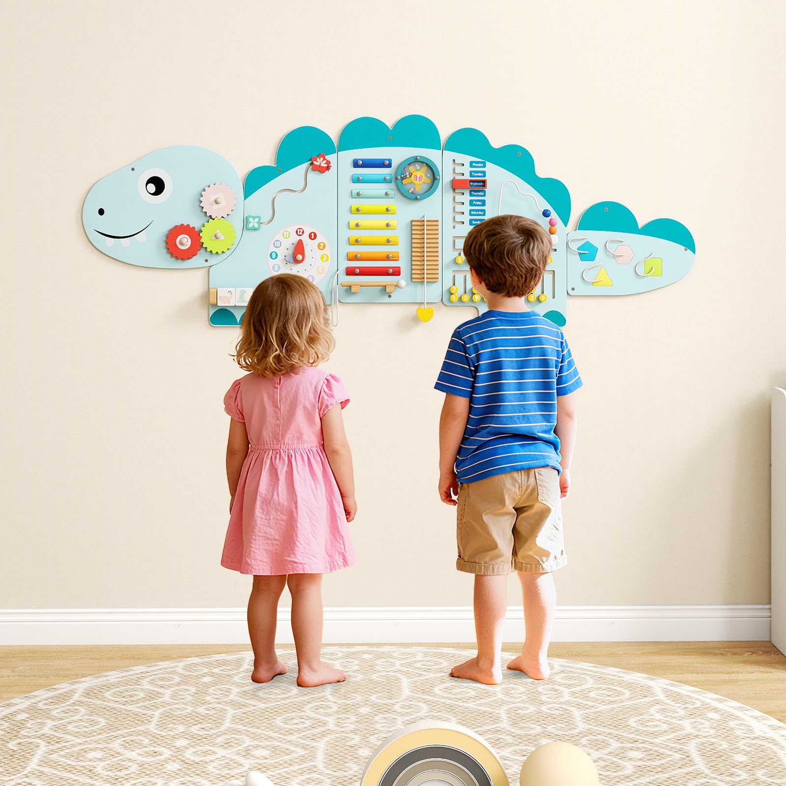 GOPLUS Paneles de Actividades para Pared de Dinosaurios, Centro de Actividades Educativas 11 en 1 para la Educación Temprana, Juguetes Sensoriales Montessori de Madera para Sala de Juegos (Azul)