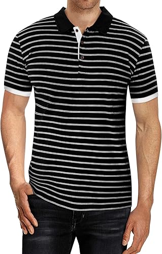 Miniatura 2 de MLANM Polo para hombre de manga cortalarga, informal, ajustado, diseño básico, a rayas, de algodón