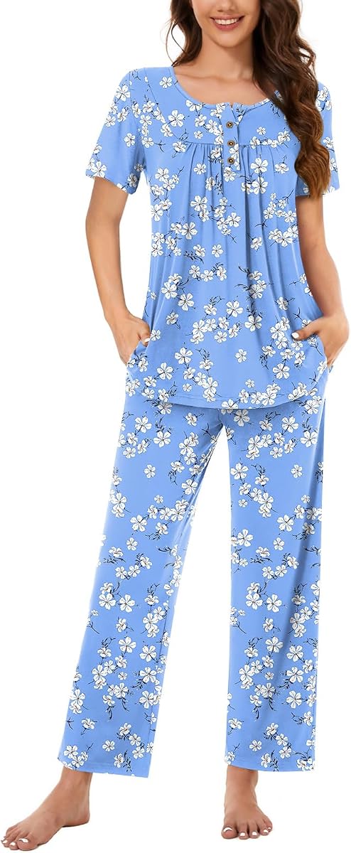 Women's Pajama Sets 2 Piece Summer Sleepwear Lounge Outfits Short Sleeve Long Pants With Pockets Ladies Pjs
