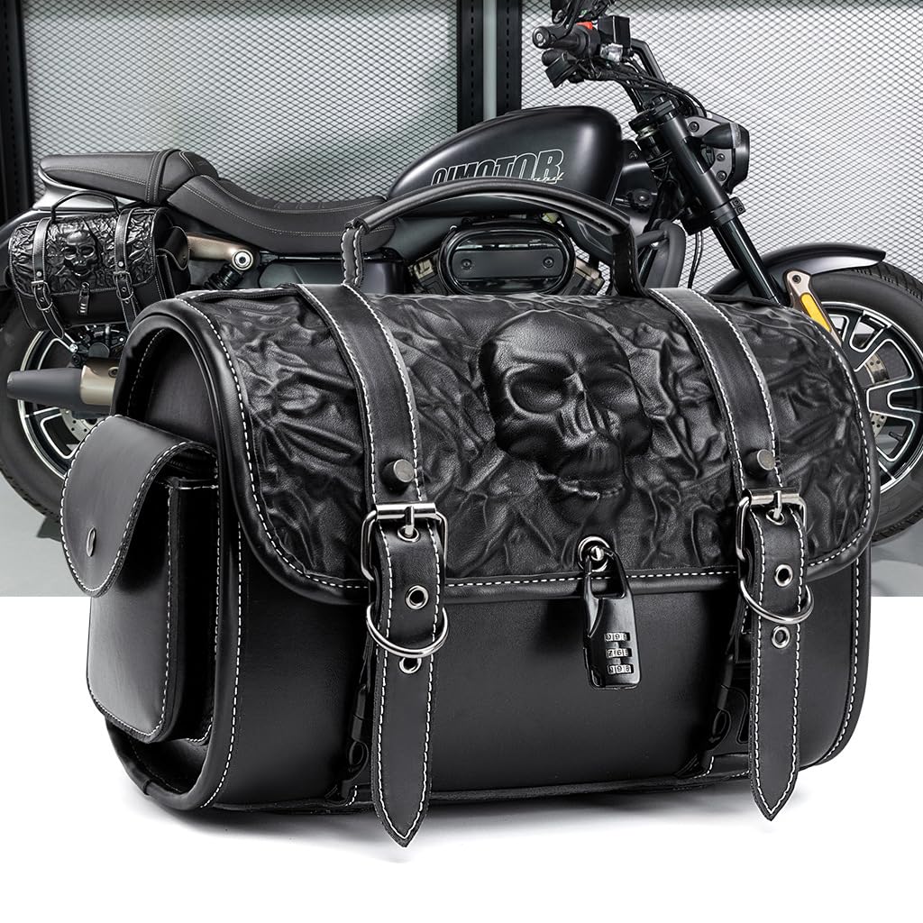 Steampunkowa Skórzana Torba Siodłowa do Motocykla z Zamkiem Szyfrowym, Czaszko-Rolka na Narzędzia, Uniwersalna Sakwa,Fbg405bk
