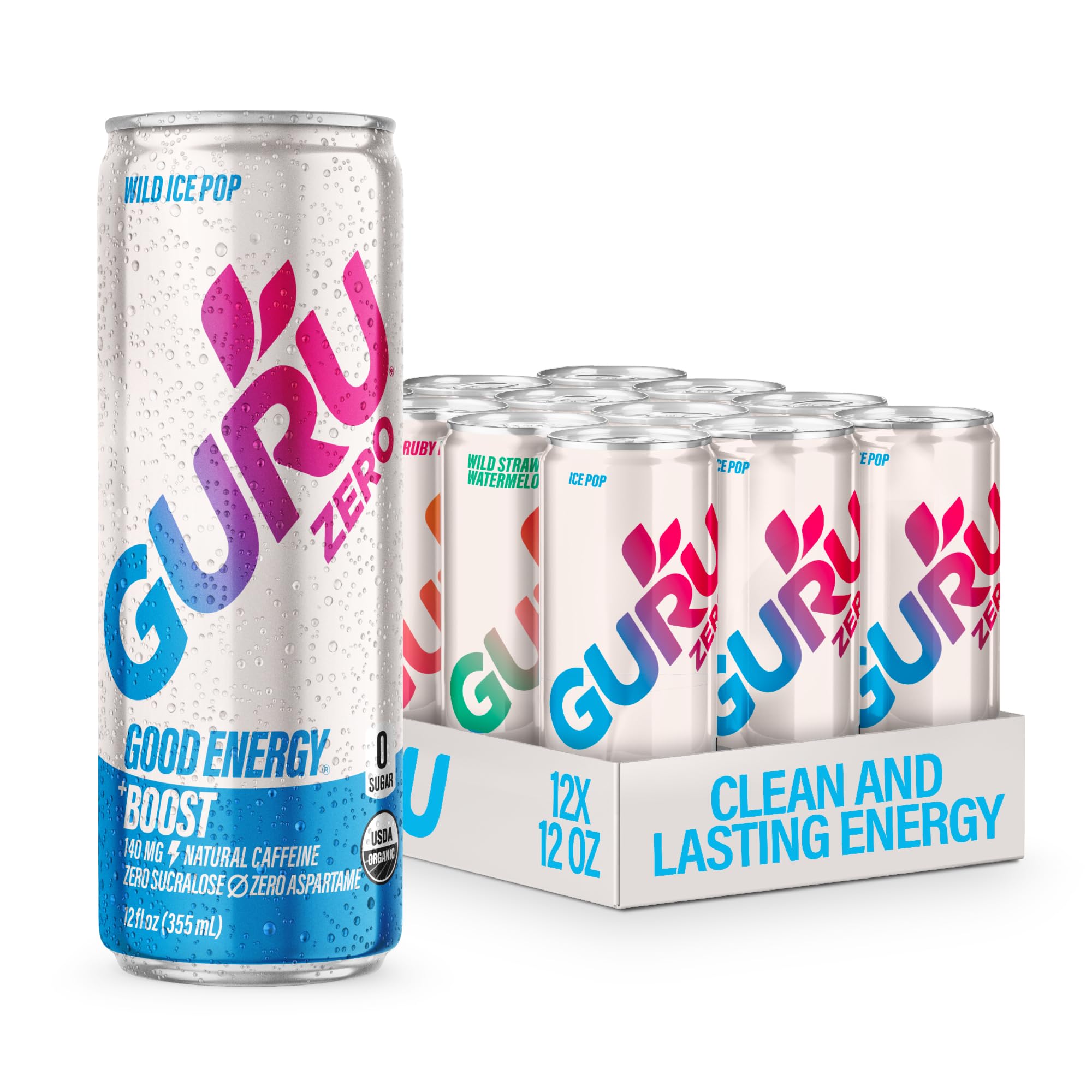 - GURU ZERO SUGAR Organic Energy Drinks Variety Pack, Clean Energy Drink with Plant Based Natural Caffeine from Green Tea, Coconut Water, Prebiotic, Zero Added sugars, Gluten Free and Vegan, Pre Workout, Healthy Drinks, 12oz (Pack of 12)
